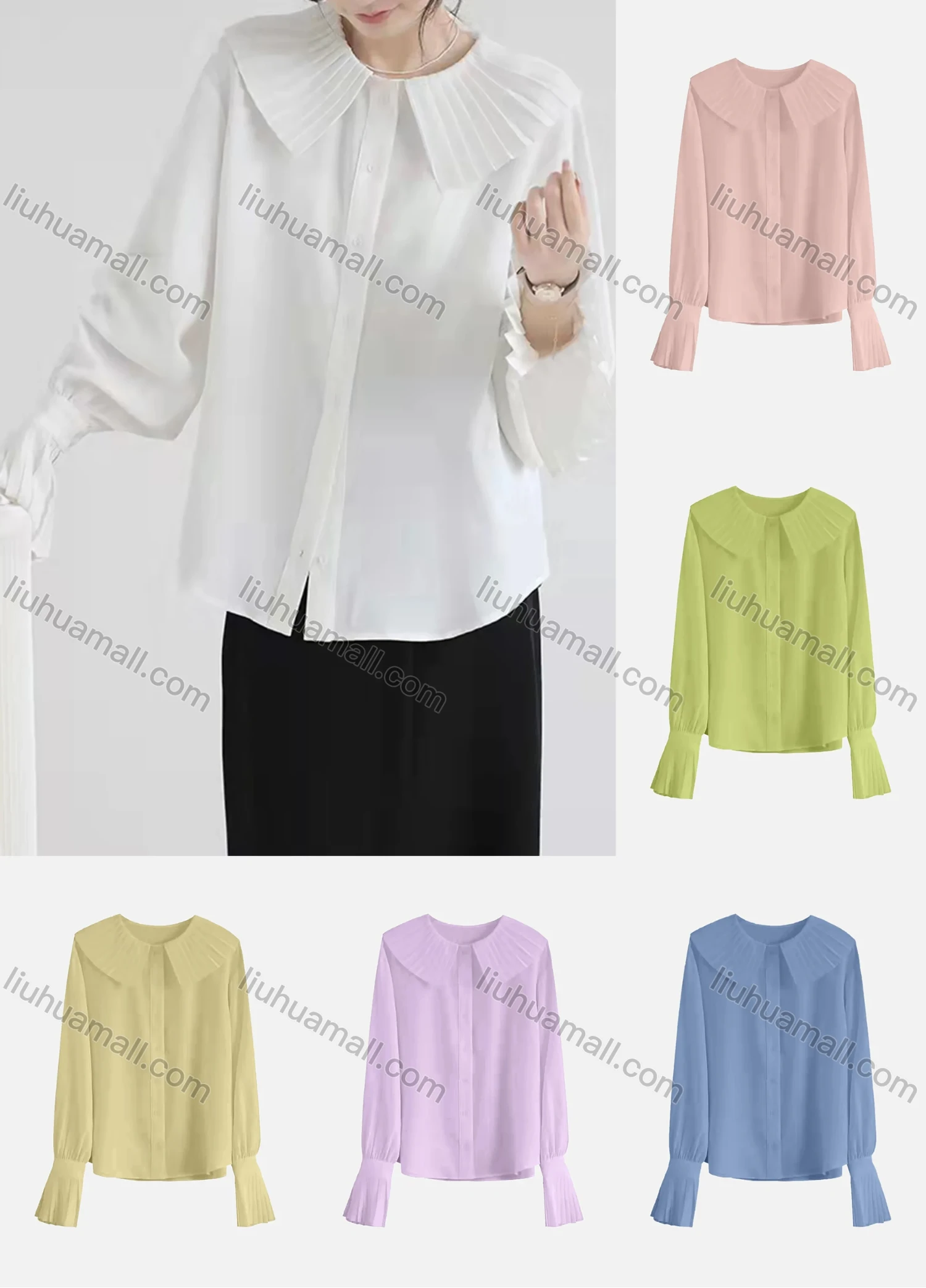 Wholesale Women's Casual Poet Sleeve Eton Collar Pleated Button Down Plain Blouse 085130# - Liuhuamall