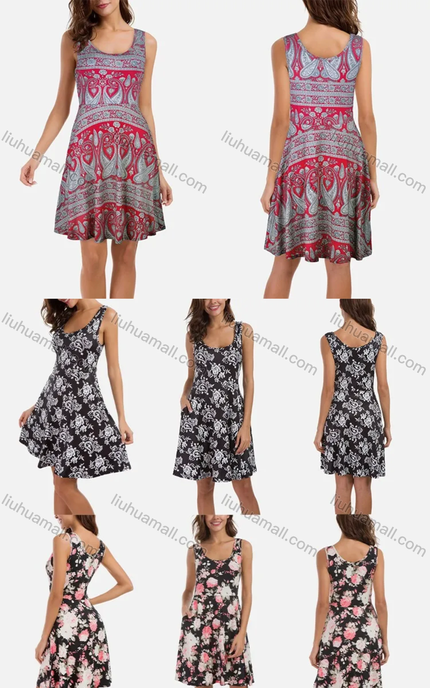 Wholesale Women's Casual Scoop Neck Sleeveless Side Pocket Floral Print Short Tank Dress - Liuhuamall