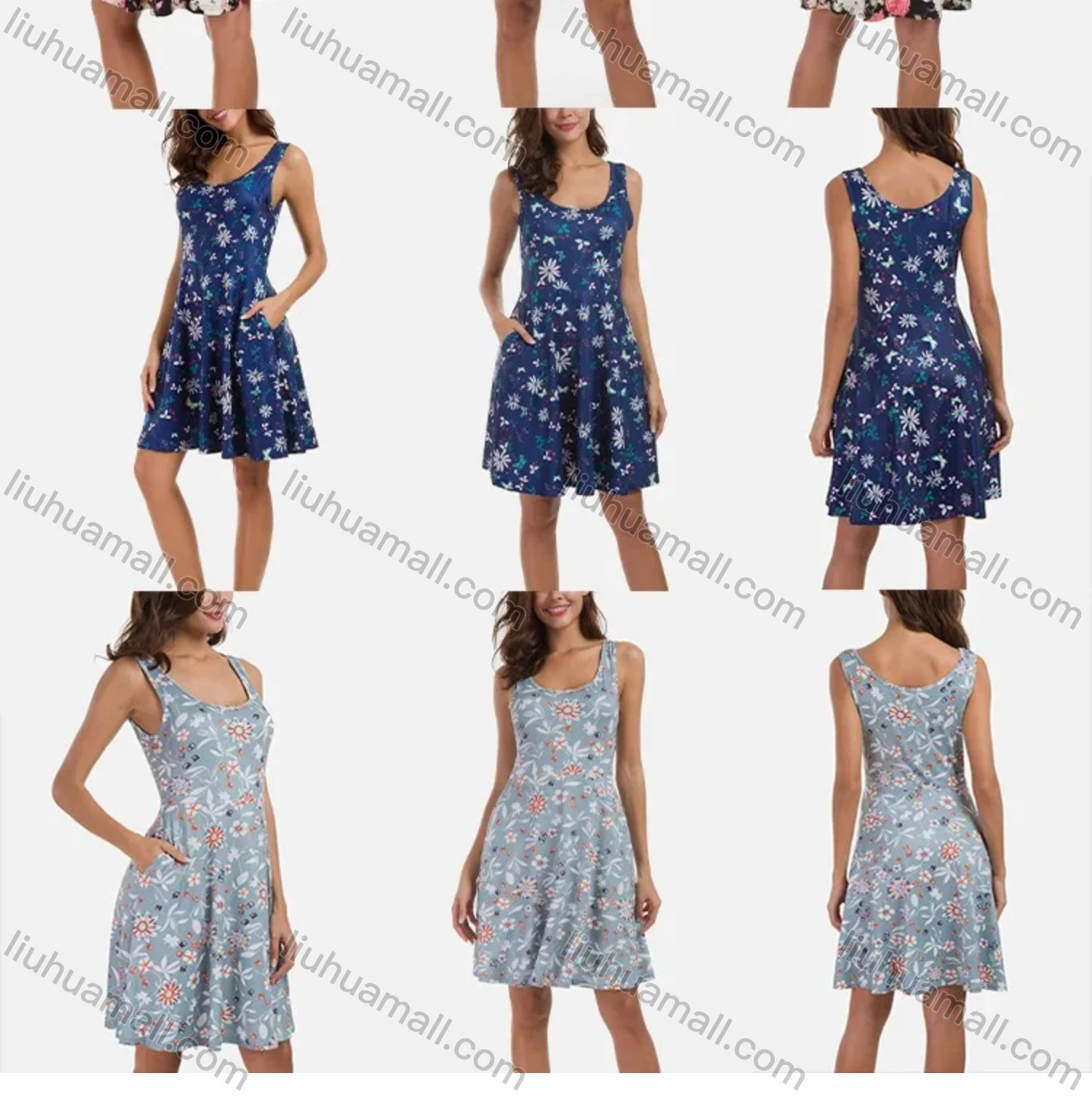 Wholesale Women's Casual Scoop Neck Sleeveless Side Pocket Floral Print Short Tank Dress - Liuhuamall