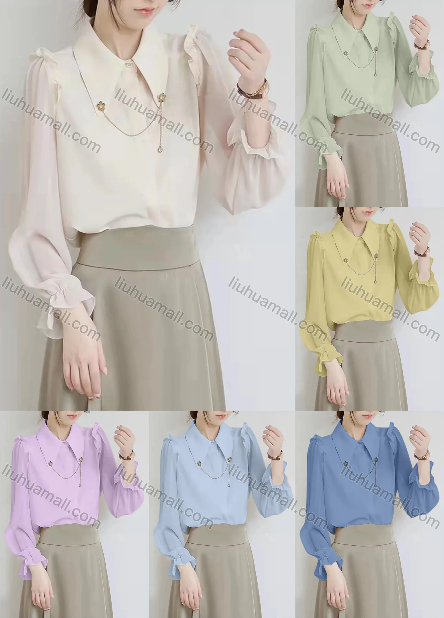Wholesale Women's Casual Collared Poet Sleeve Chain Decor Button Front Plain Blouse 126609# - Liuhuamall