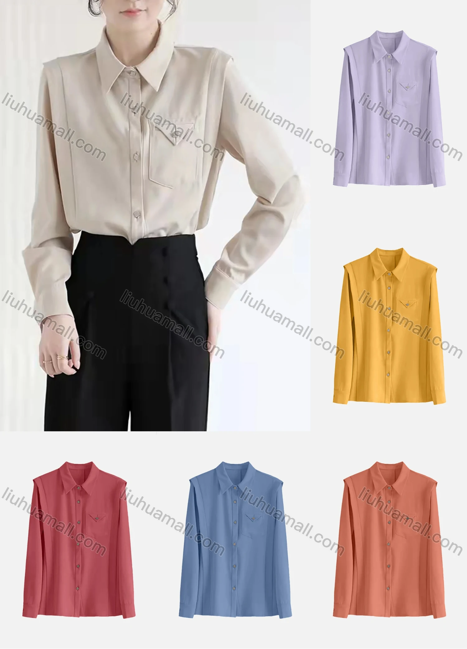 Wholesale Women's Casual Long Sleeve Collared Button Down Flap Pockets Plain Shirts 142463# - Liuhuamall