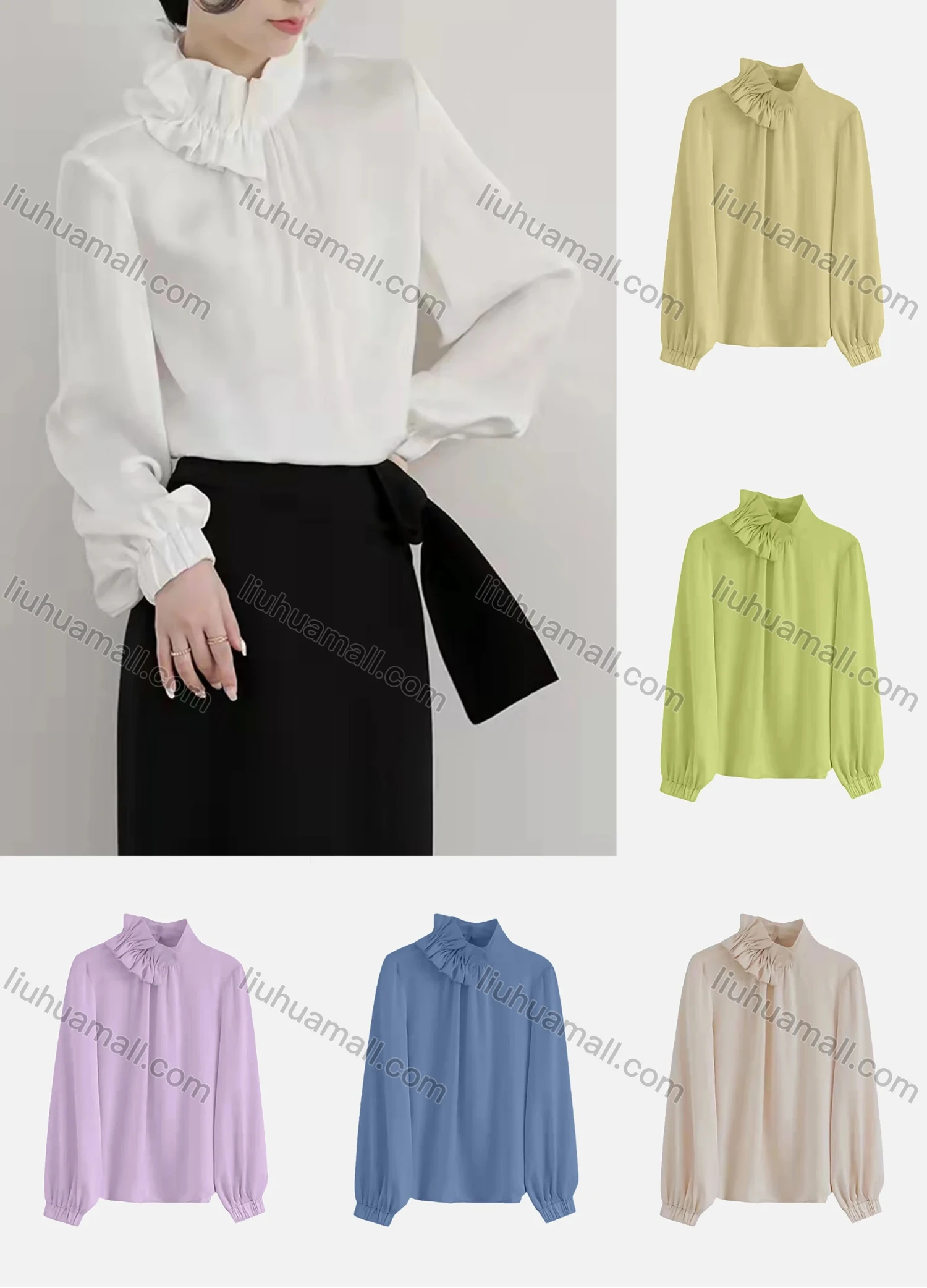 Wholesale Women's Casual Lantern Sleeve Asymmetrical Neck Satin Ruched Ruffle Trim Plain Blouse 160496# - Liuhuamall