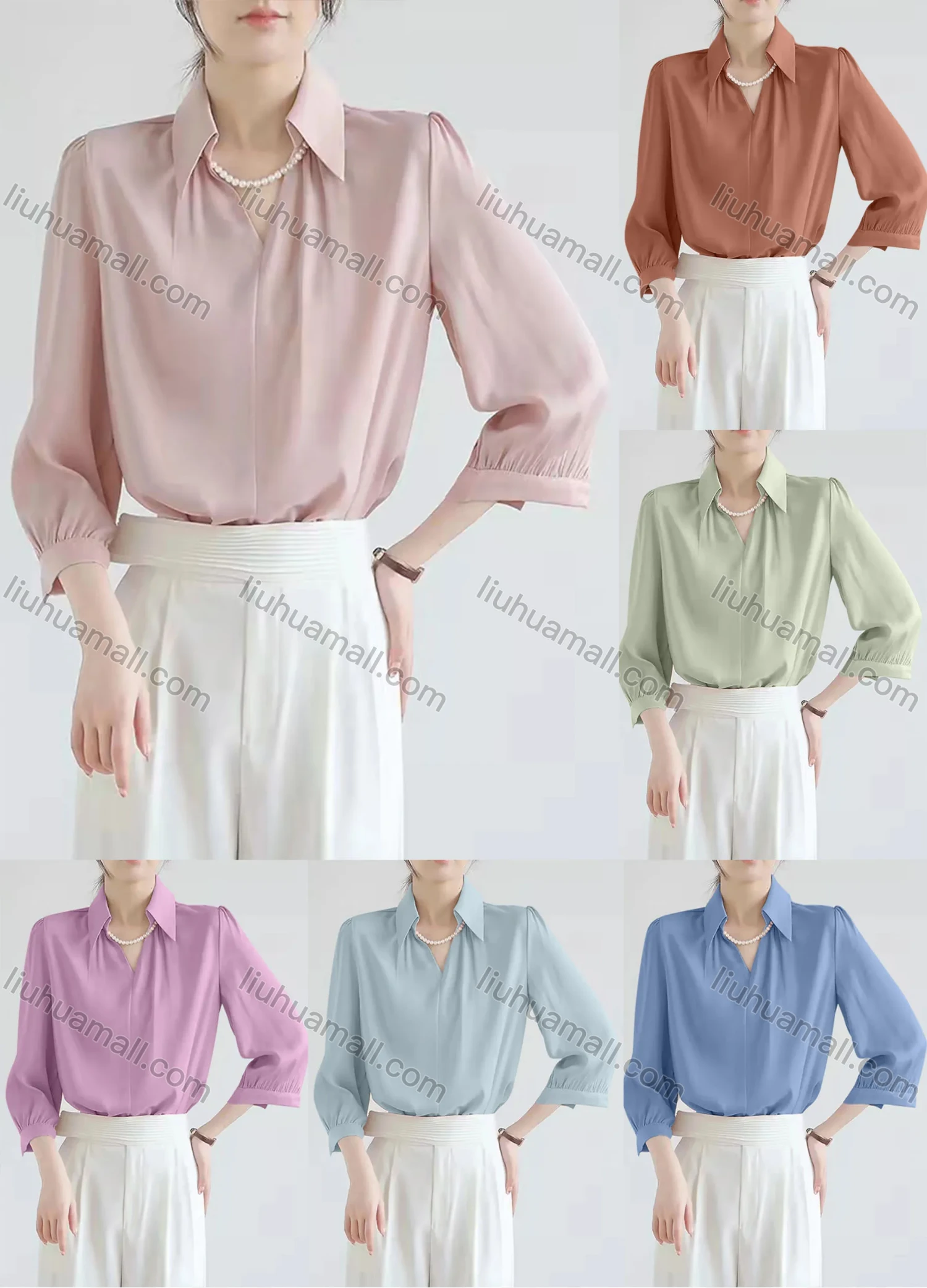 Wholesale Women's Casual Notched V Neck 3/4 Sleeve Satin Ruched Plain Blouse 190410# - Liuhuamall