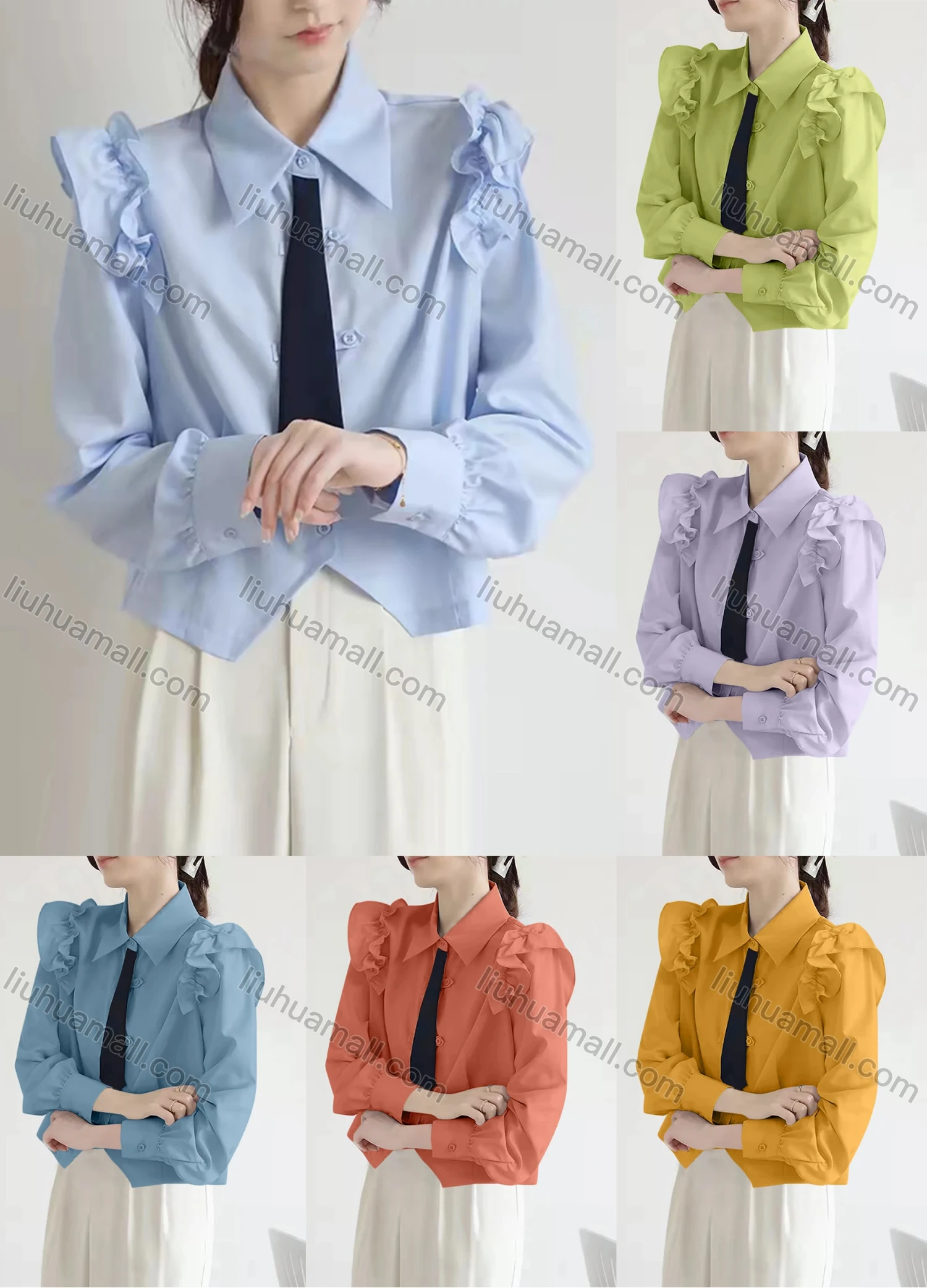 Wholesale Women's Casual Collared Shirt Sleeve Ruffle Trim Tie Front Notched Hem Plain Shirts 225347# - Liuhuamall