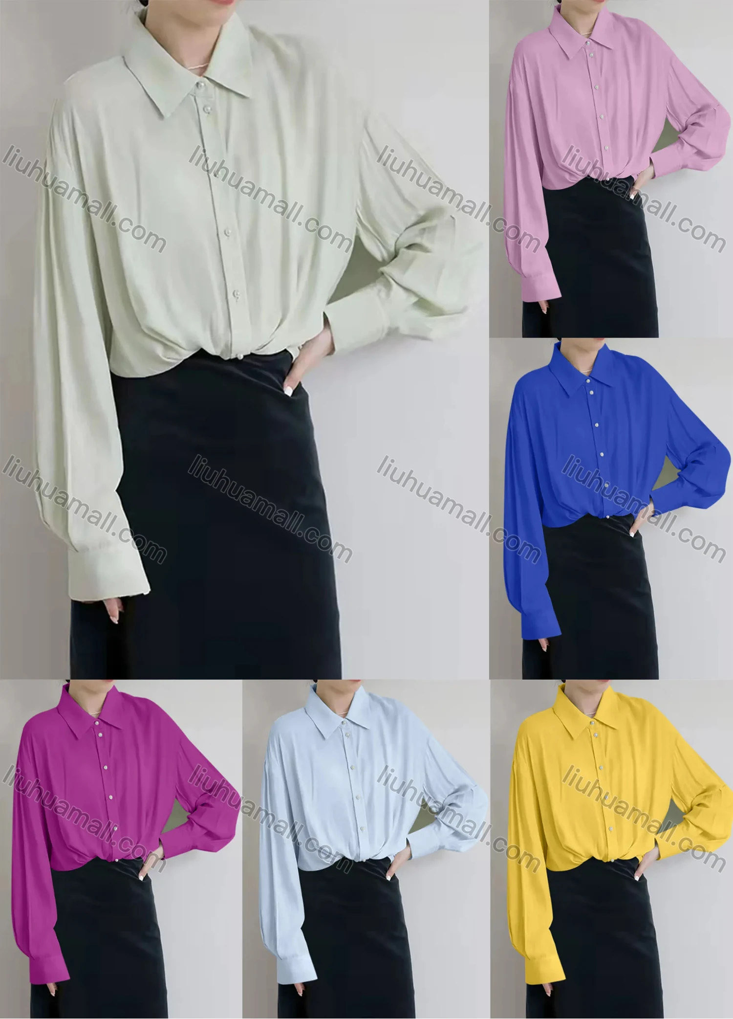 Wholesale Women's Casual Collared Long Sleeve Twist Hem Button Down Drop Shoulder Plain Shirts 241441# - Liuhuamall