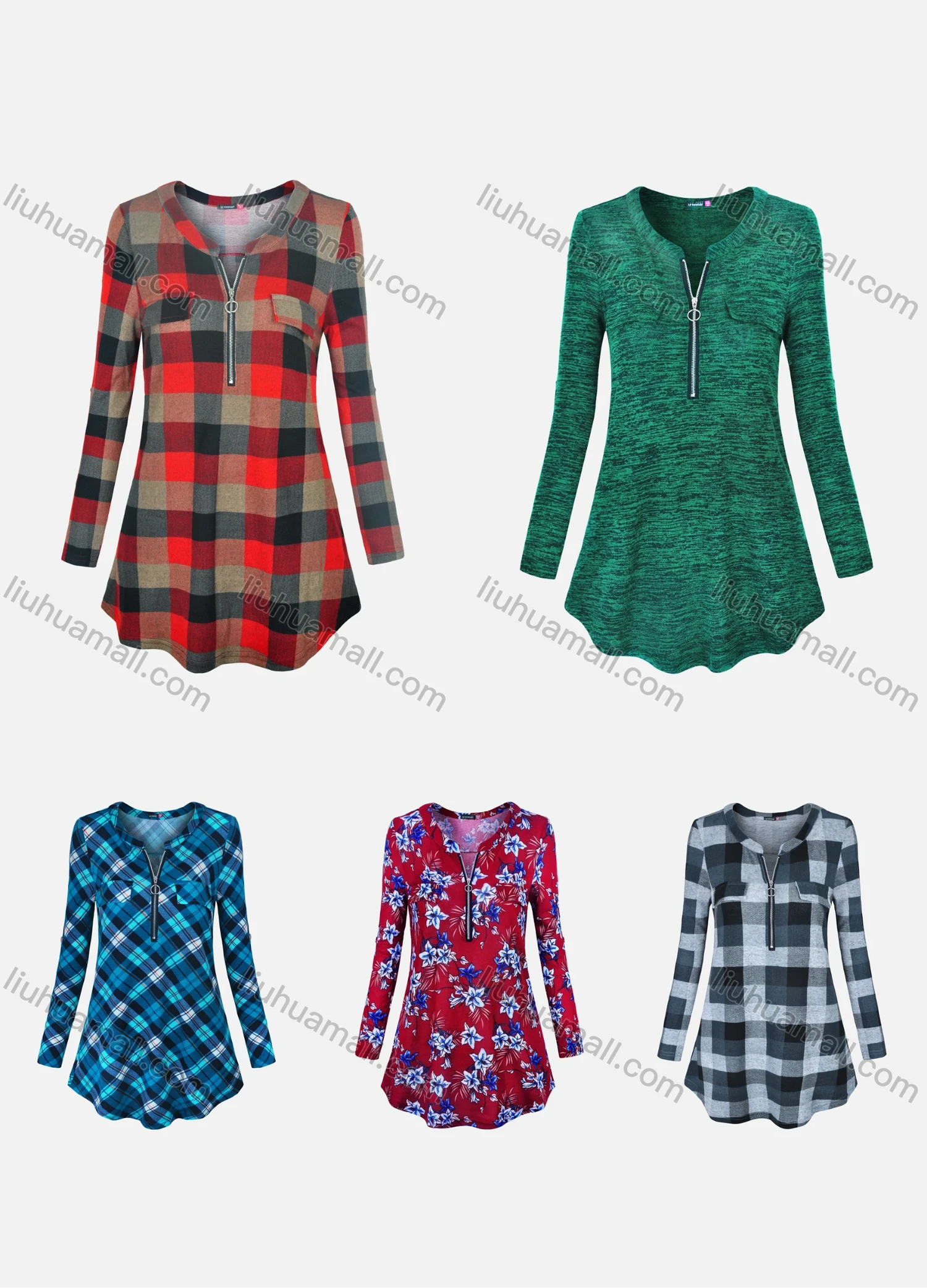 Wholesale Women's Crew Neck Half Zip Fake Pocket Adjustable Sleeve Tunic - Liuhuamall