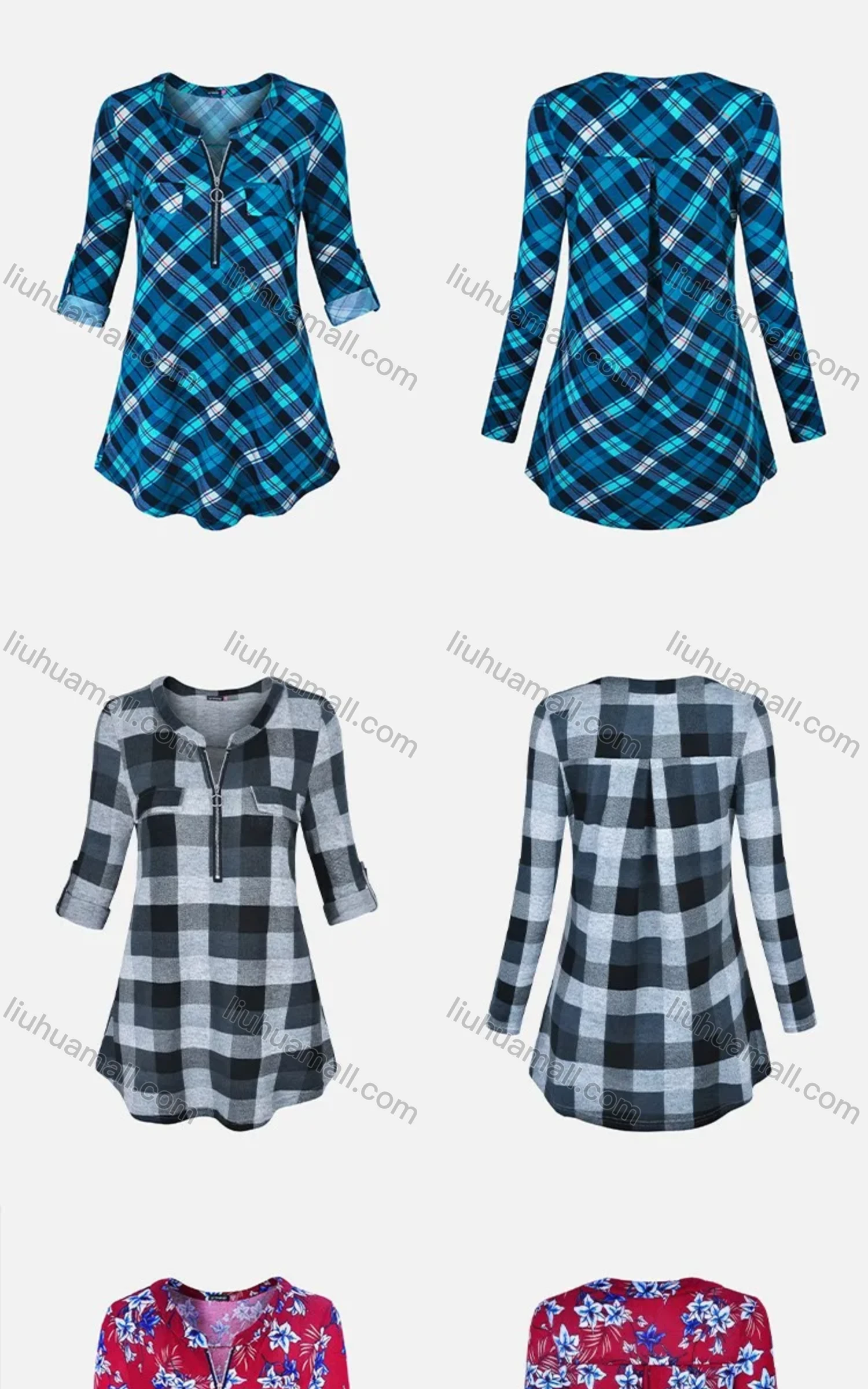 Wholesale Women's Crew Neck Half Zip Fake Pocket Adjustable Sleeve Tunic - Liuhuamall