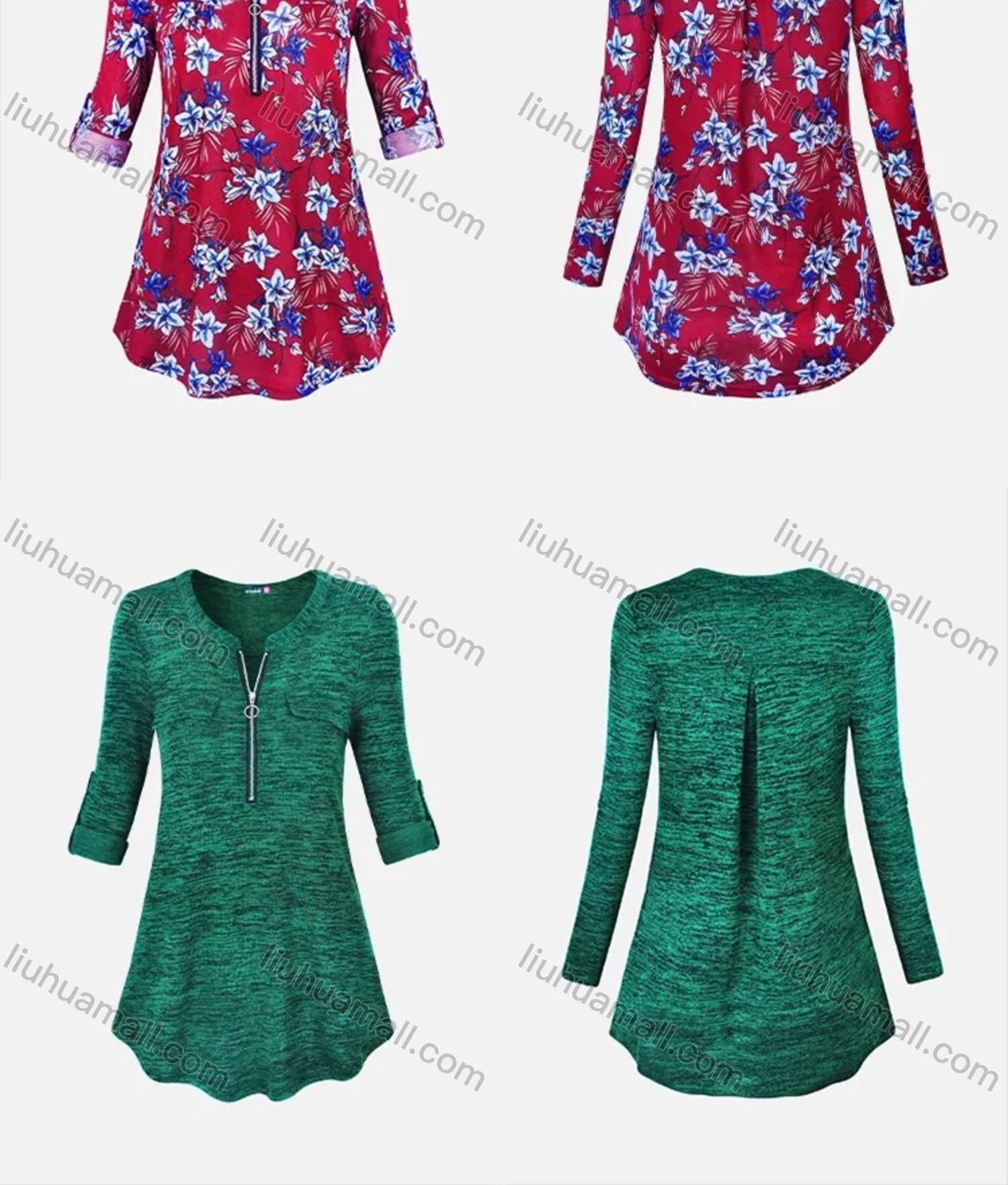 Wholesale Women's Crew Neck Half Zip Fake Pocket Adjustable Sleeve Tunic - Liuhuamall