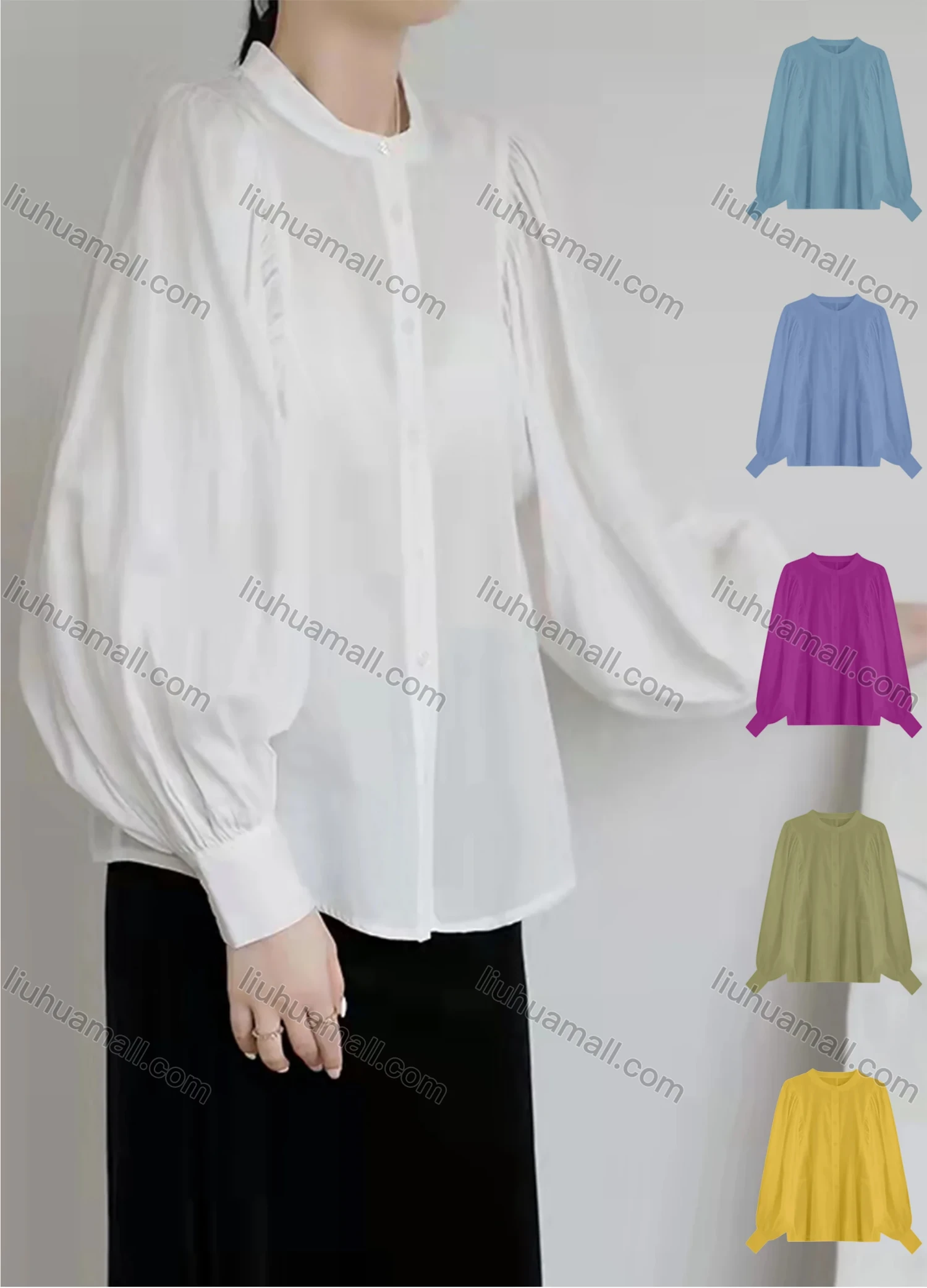 Wholesale Women's Casual Crew Neck Long Sleeve Button Down Ruched Blouse 281870# - Liuhuamall