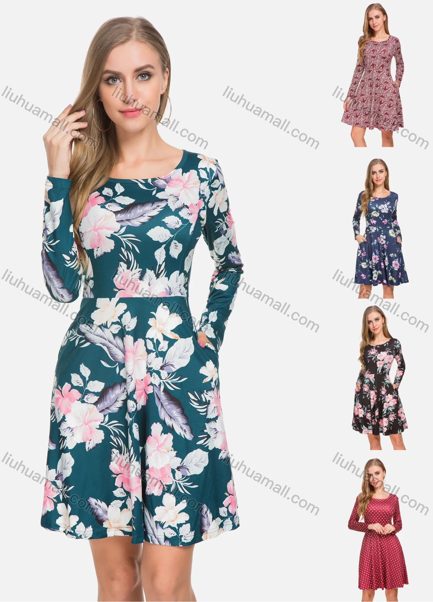 Wholesale Women's Scoop Neck Long Sleeve Side Pocket Floral Print A-Line Short Dress - Liuhuamall