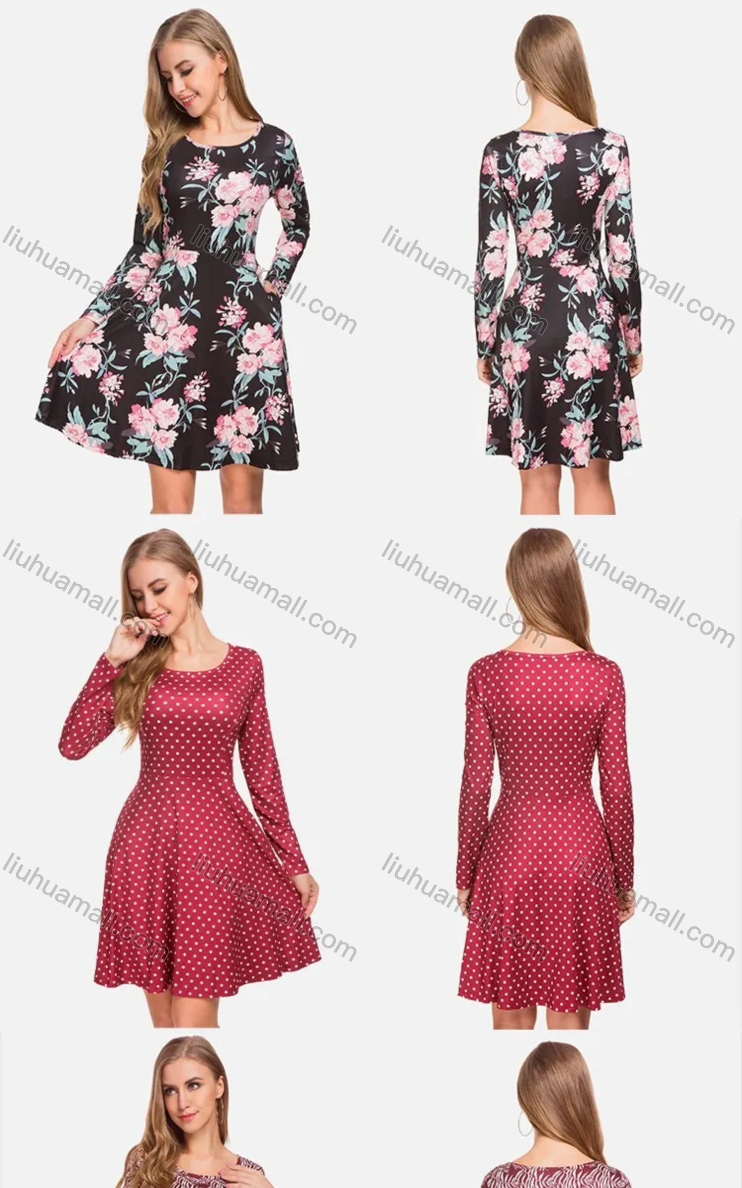 Wholesale Women's Scoop Neck Long Sleeve Side Pocket Floral Print A-Line Short Dress - Liuhuamall