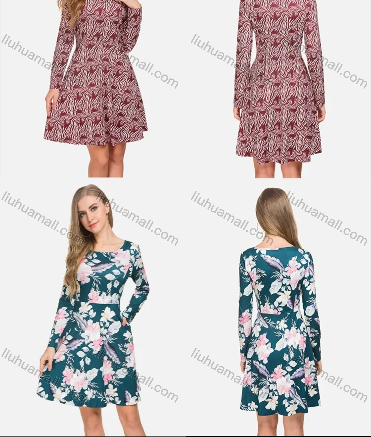Wholesale Women's Scoop Neck Long Sleeve Side Pocket Floral Print A-Line Short Dress - Liuhuamall