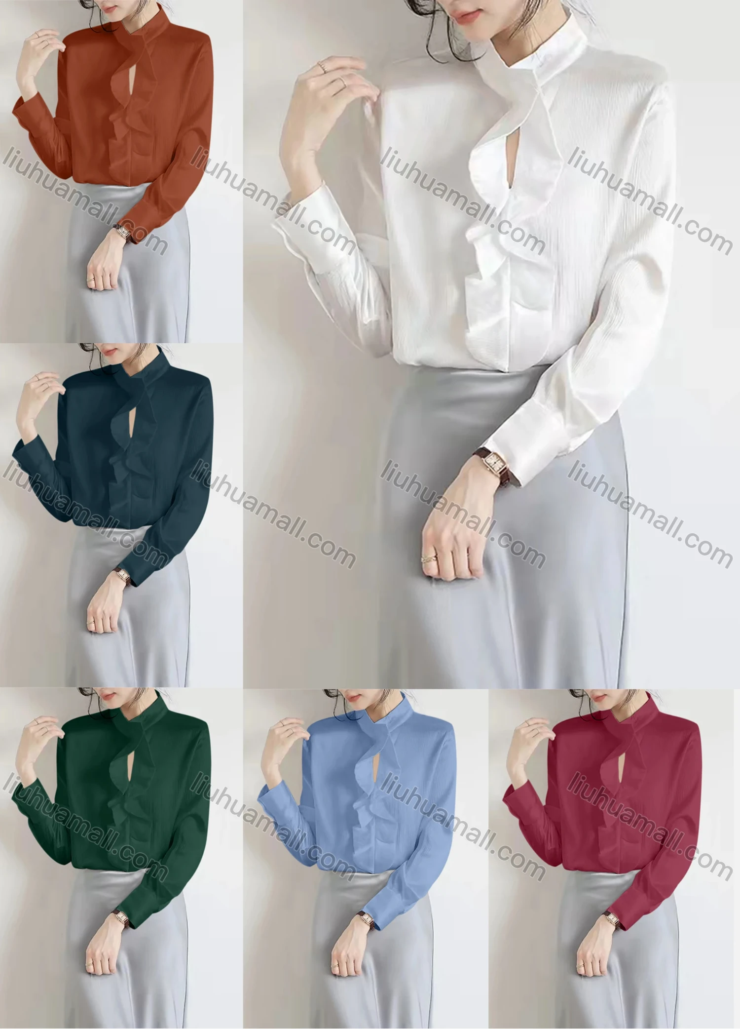 Wholesale Women's Casual Long Sleeve Mock Neck Hollow Out Ruffle Trim Plain Blouse 345253# - Liuhuamall