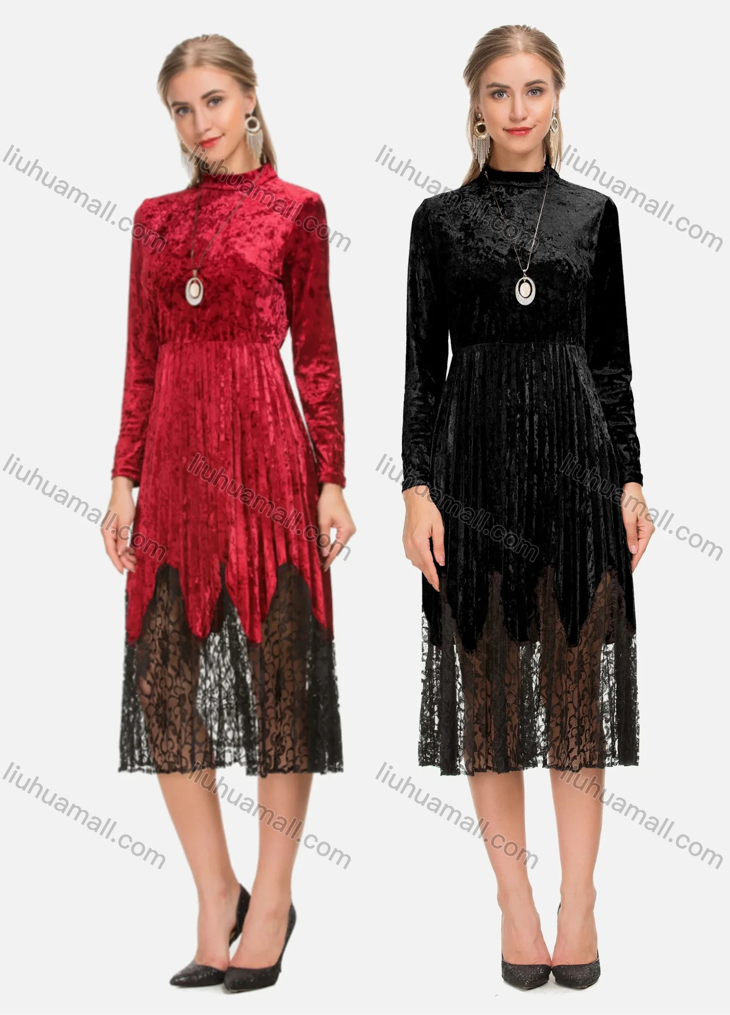 Wholesale Women's Elegant Mock Neck Long Sleeve Velvet Lace Hem Midi Dress - Liuhuamall
