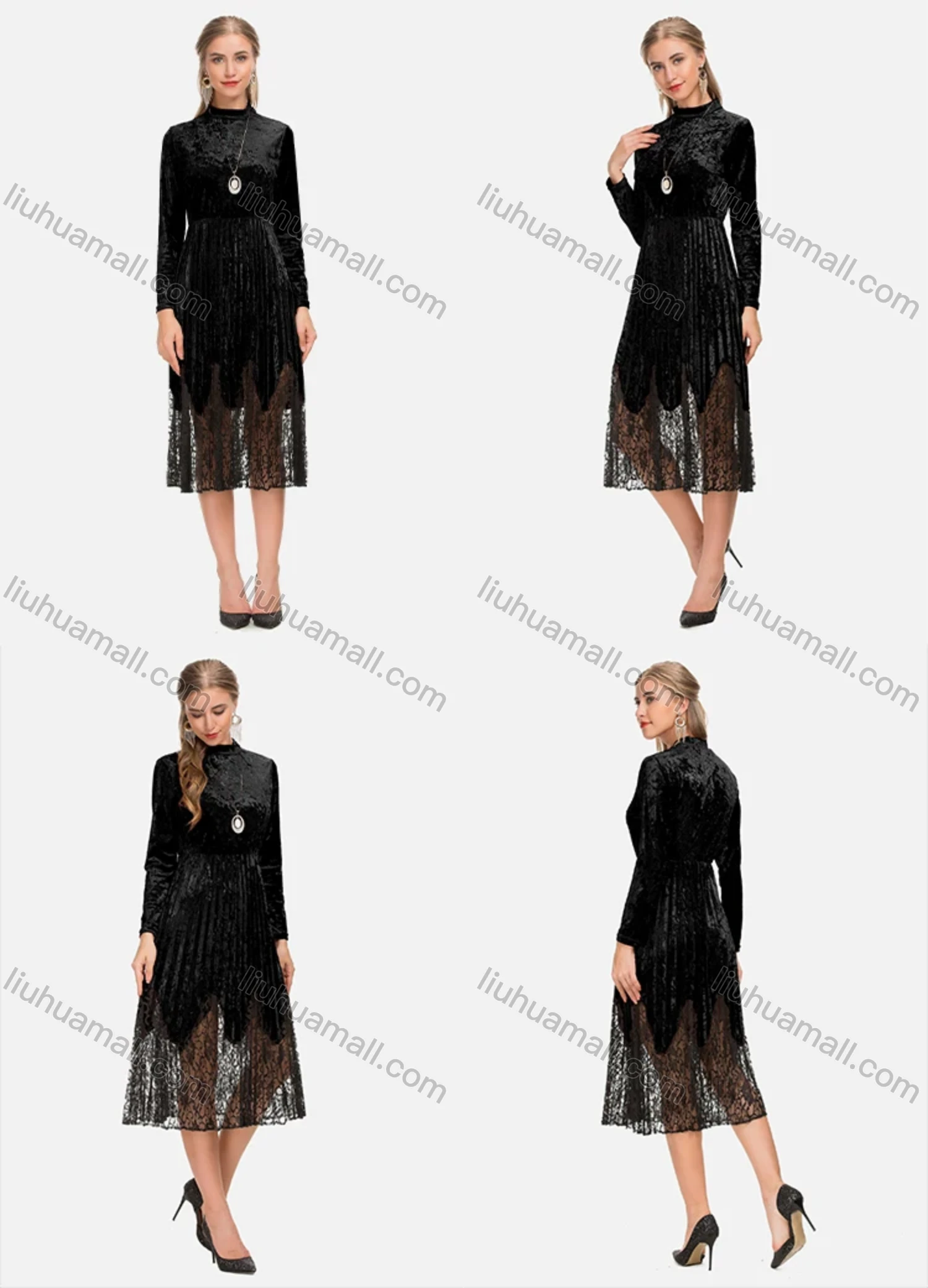 Wholesale Women's Elegant Mock Neck Long Sleeve Velvet Lace Hem Midi Dress - Liuhuamall