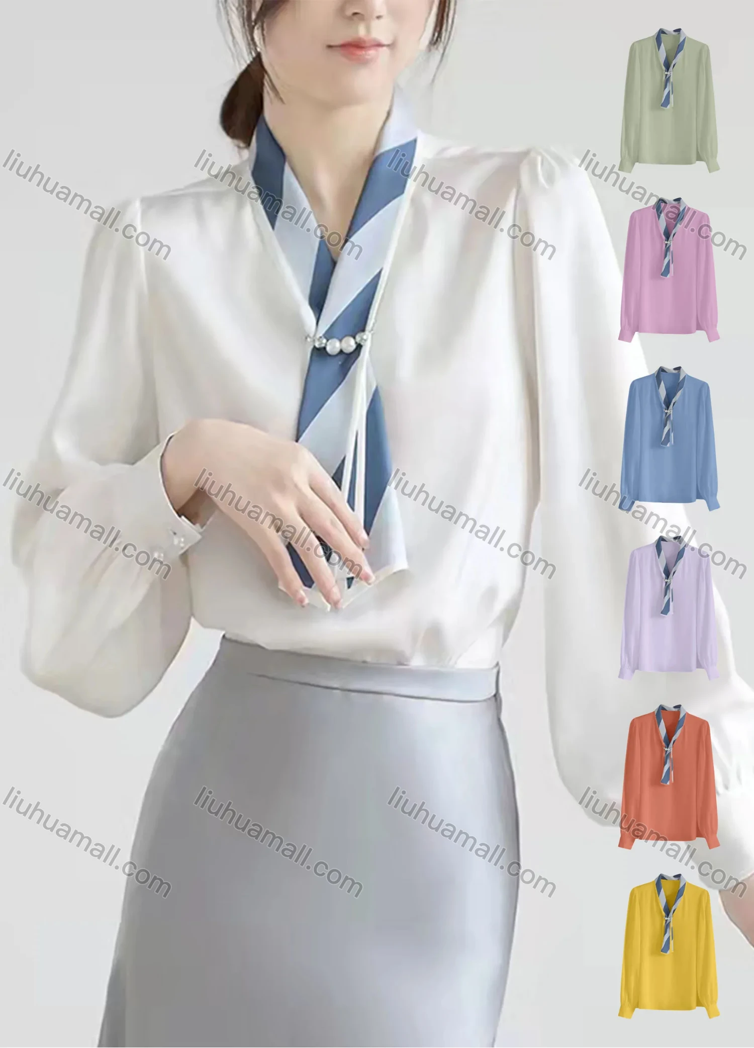 Wholesale Women's Casual Lantern Sleeve Ruched Pearl Decor Tie Neck Ruffle Trim Plain Blouse 418385# - Liuhuamall