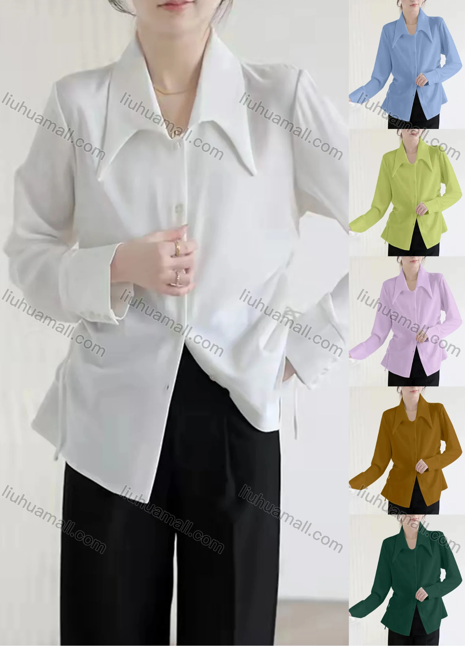 Wholesale Women's Casual Long Sleeve Collared Side Drawstring Button Down Plain Blouse 423742# - Liuhuamall