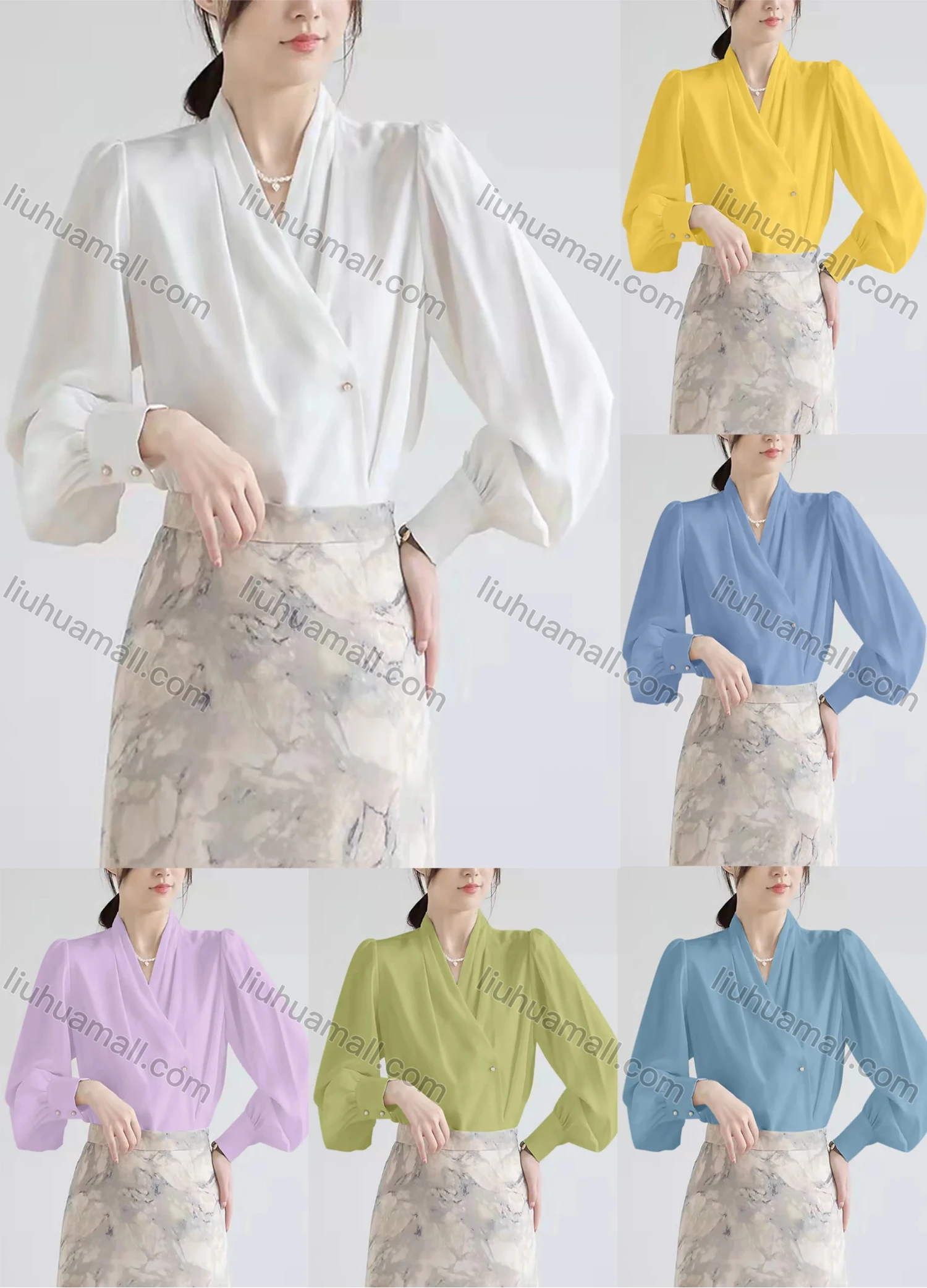 Wholesale Women's Casual Bishop Sleeve Wrap V Neck Side Button Ruched Plain Blouse 430292# - Liuhuamall