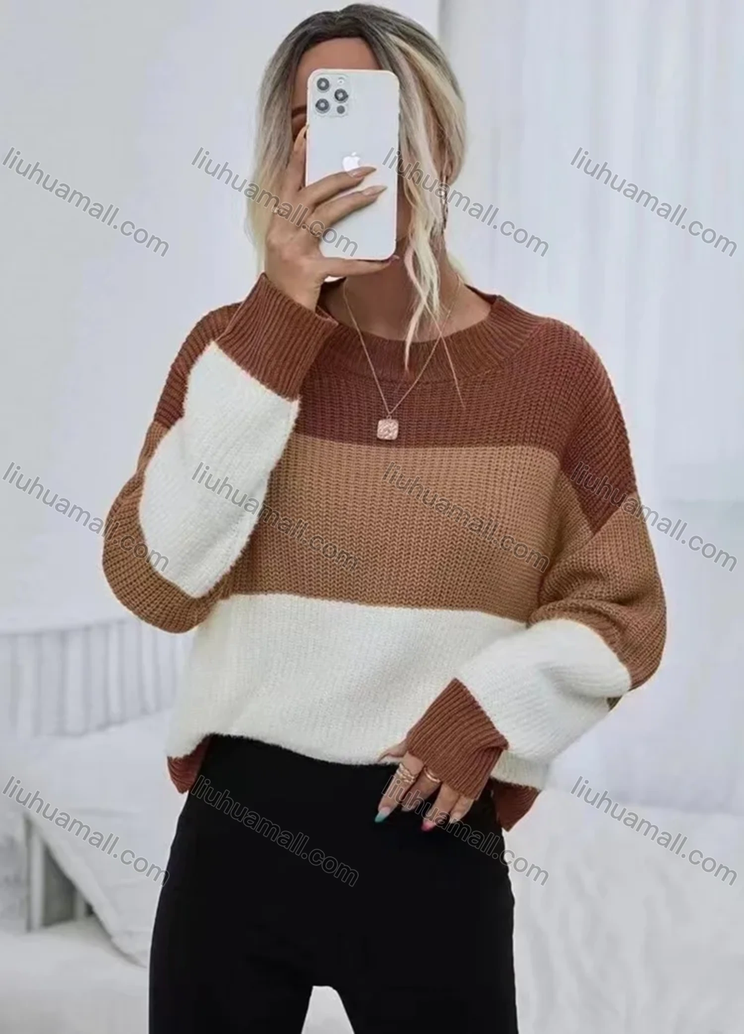 Wholesale Women's Round Neck Colorblock Pullover Sweater - Liuhuamall