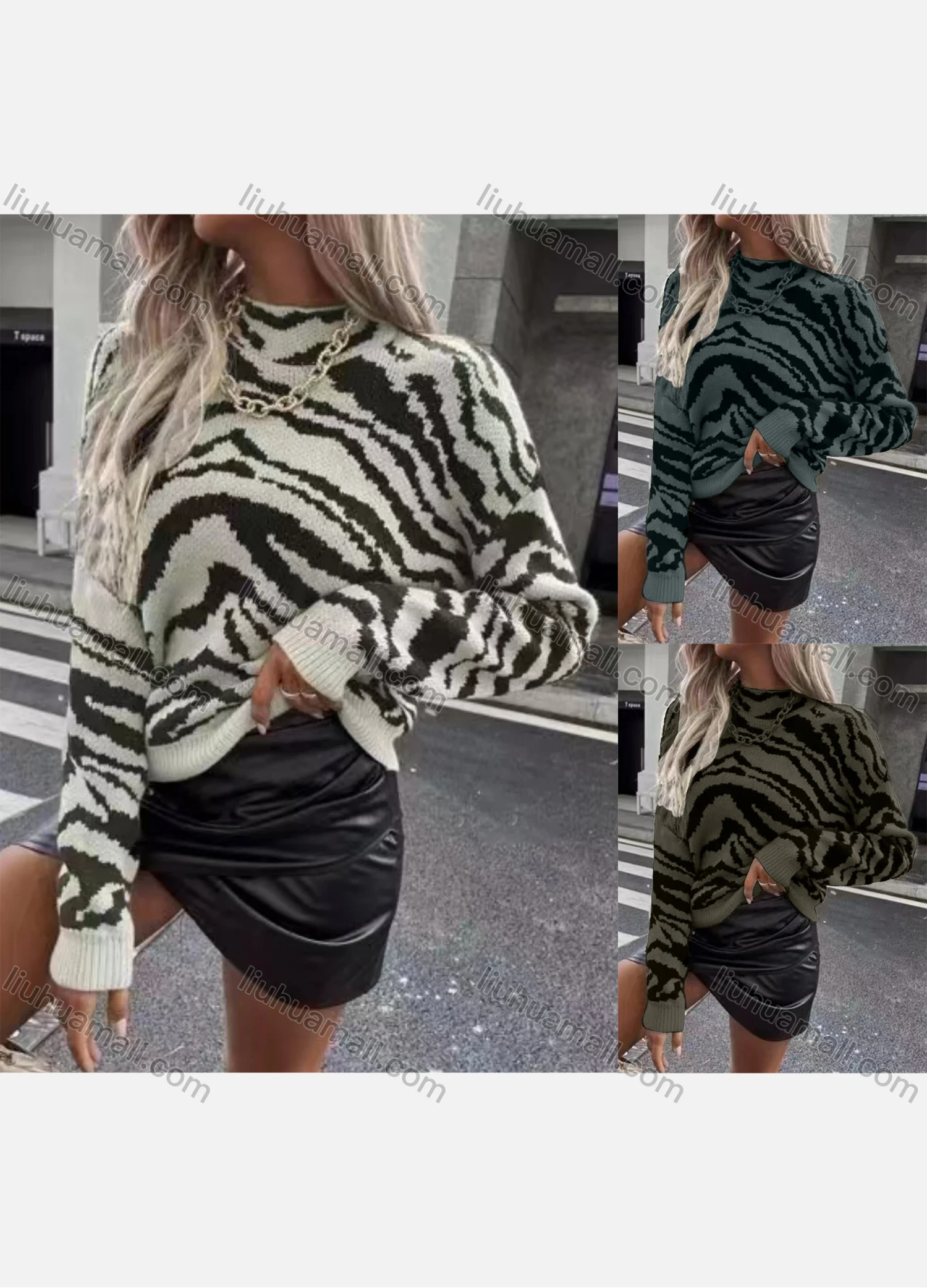 Wholesale Women's Mock Neck Zebra Print Pullover Sweater - Liuhuamall