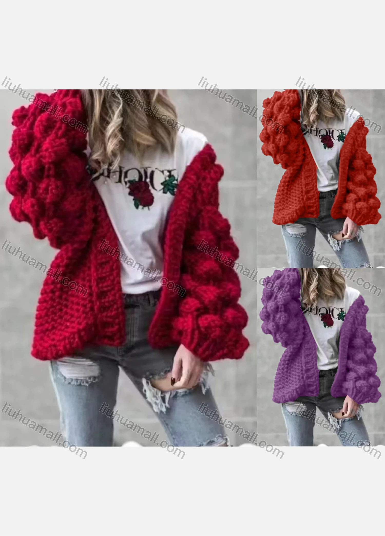 Wholesale Women's Lantern Sleeve Chunky Knitted Plain Open Front Cardigan - Liuhuamall