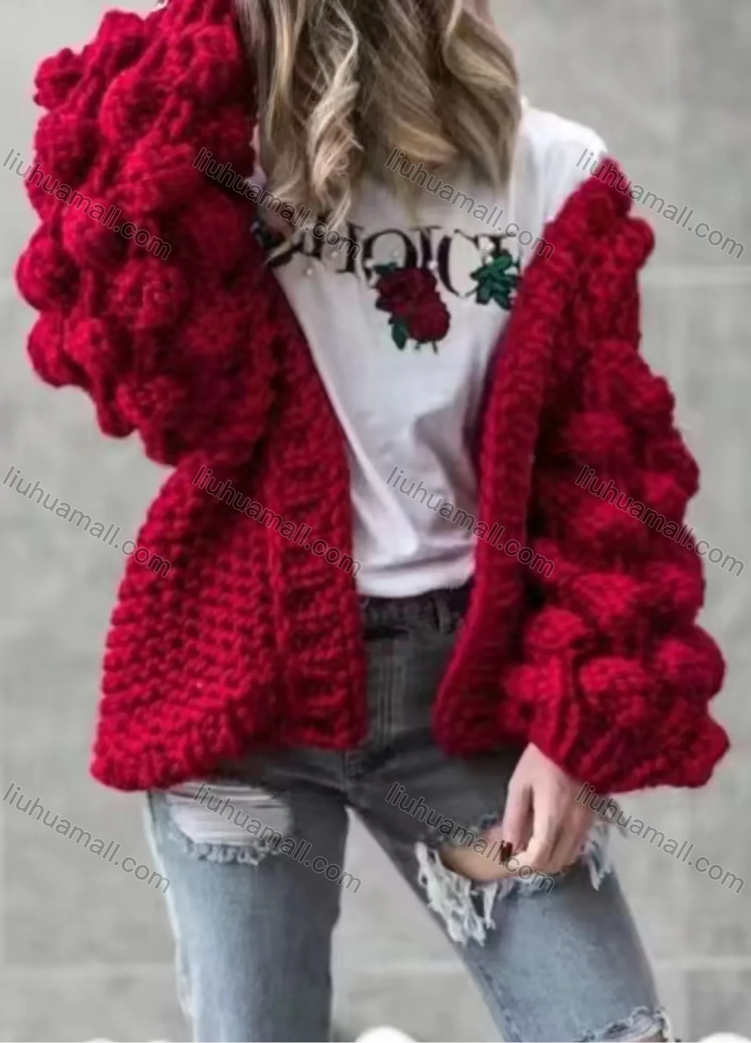 Wholesale Women's Lantern Sleeve Chunky Knitted Plain Open Front Cardigan - Liuhuamall