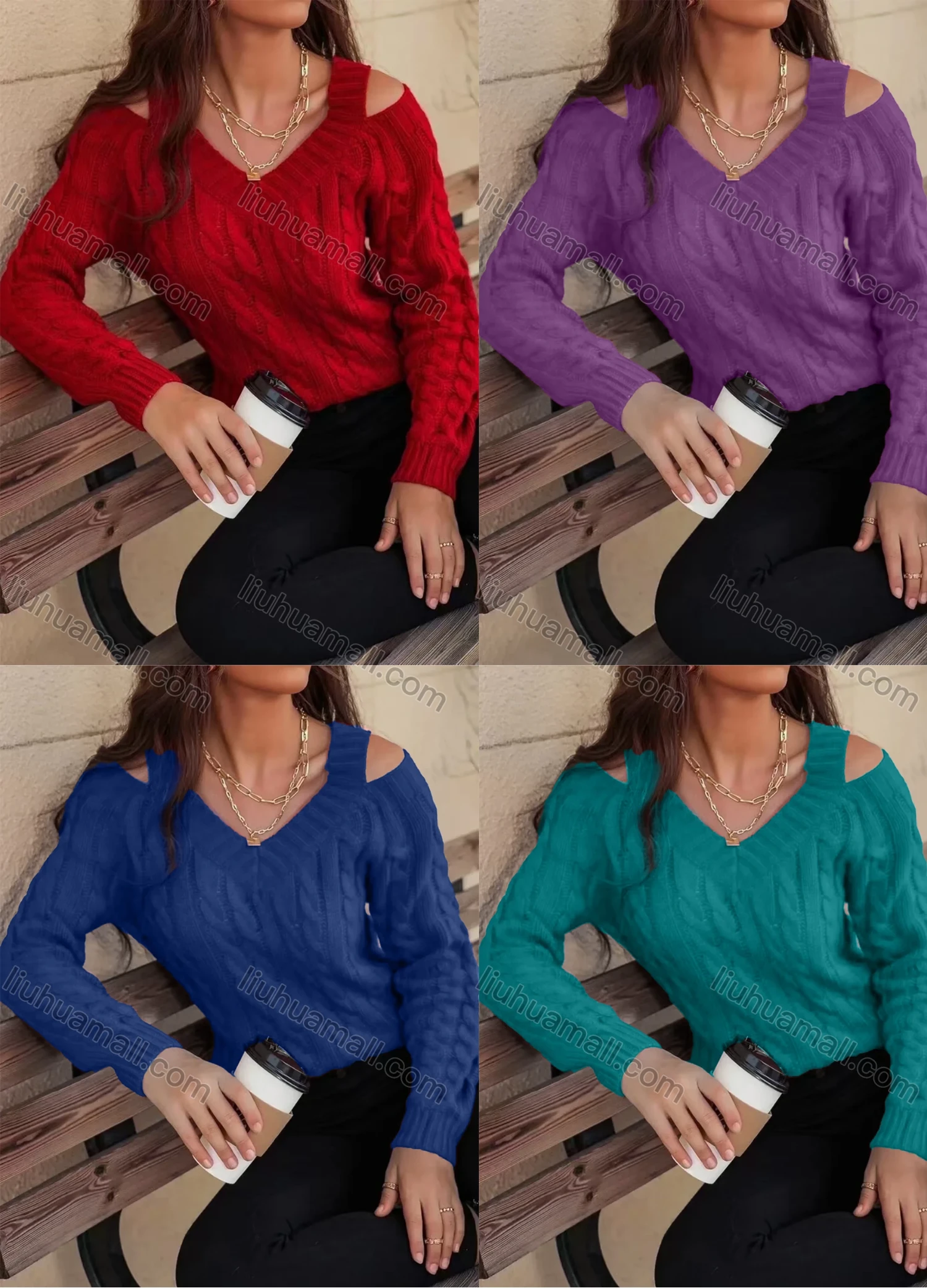 Wholesale Women's Plain V Neck Cold Shoulder Pullover Cable Knit Sweater - Liuhuamall