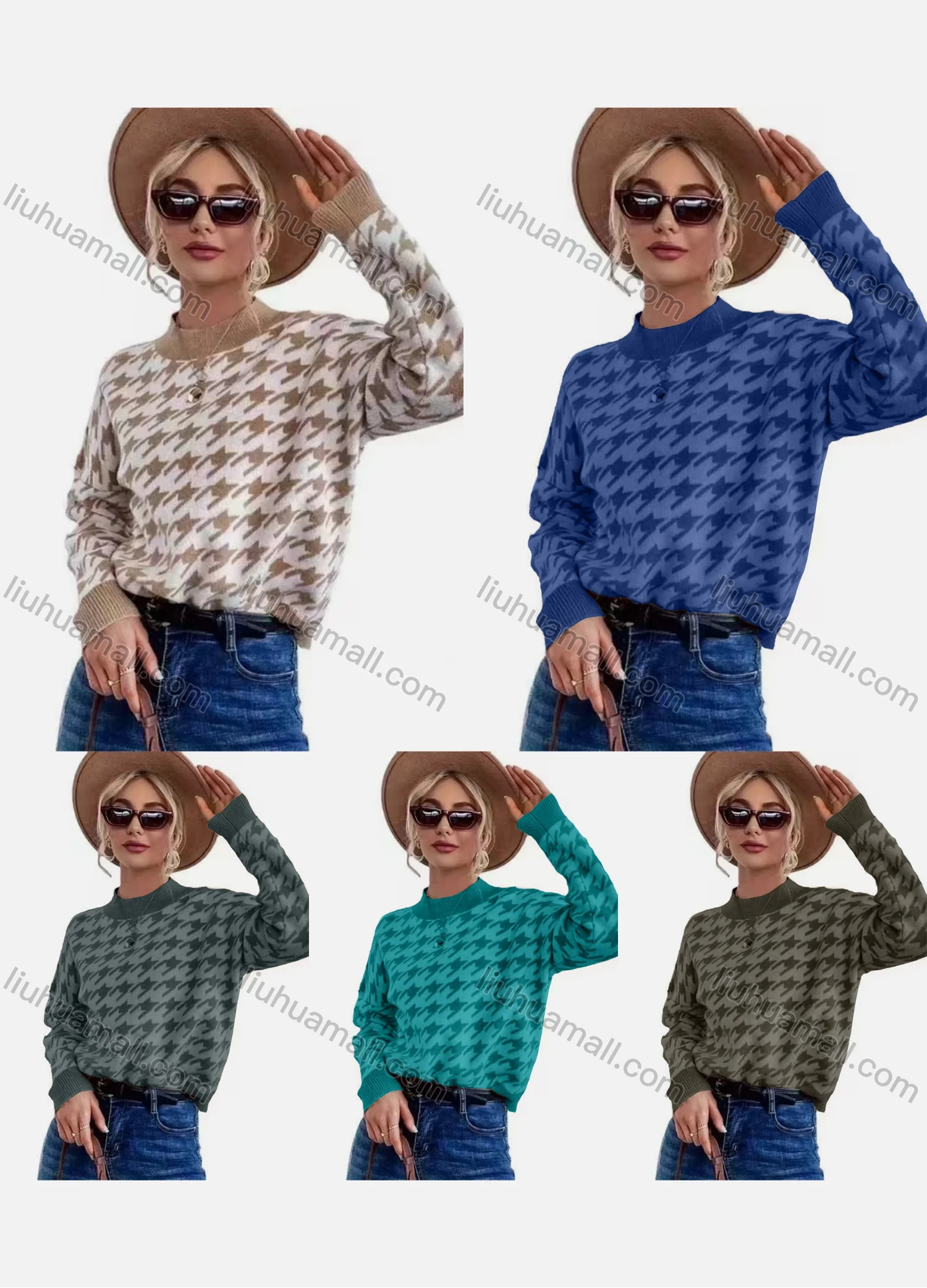 Wholesale Women's Mock Neck Houndstooth Print Pullover Sweater - Liuhuamall