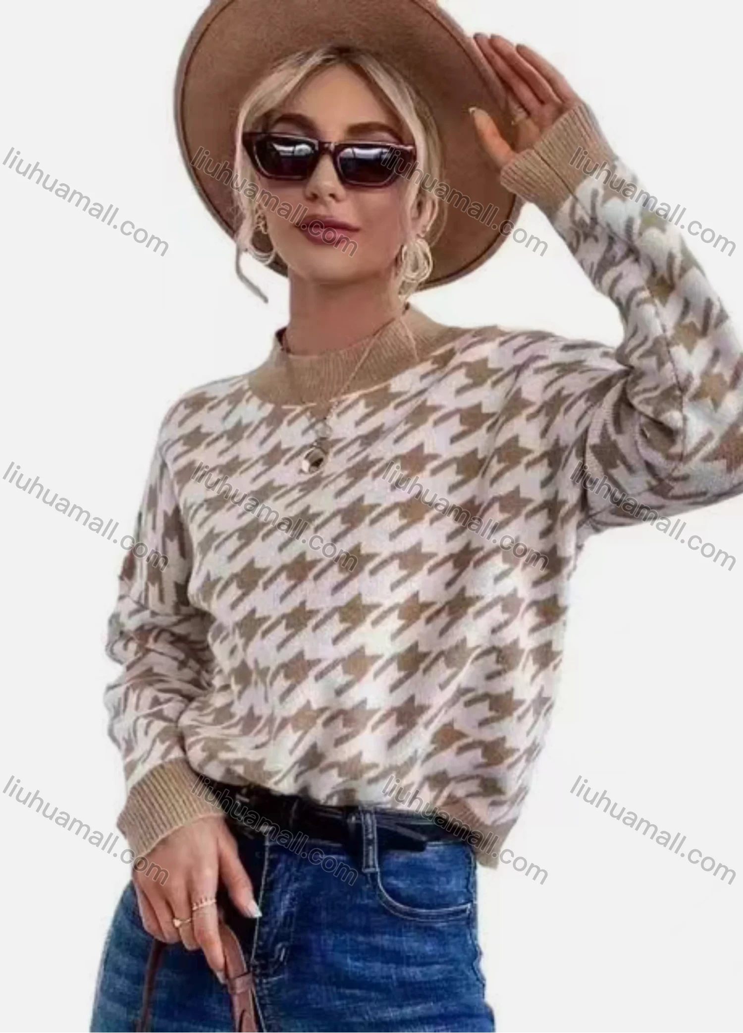 Wholesale Women's Mock Neck Houndstooth Print Pullover Sweater - Liuhuamall