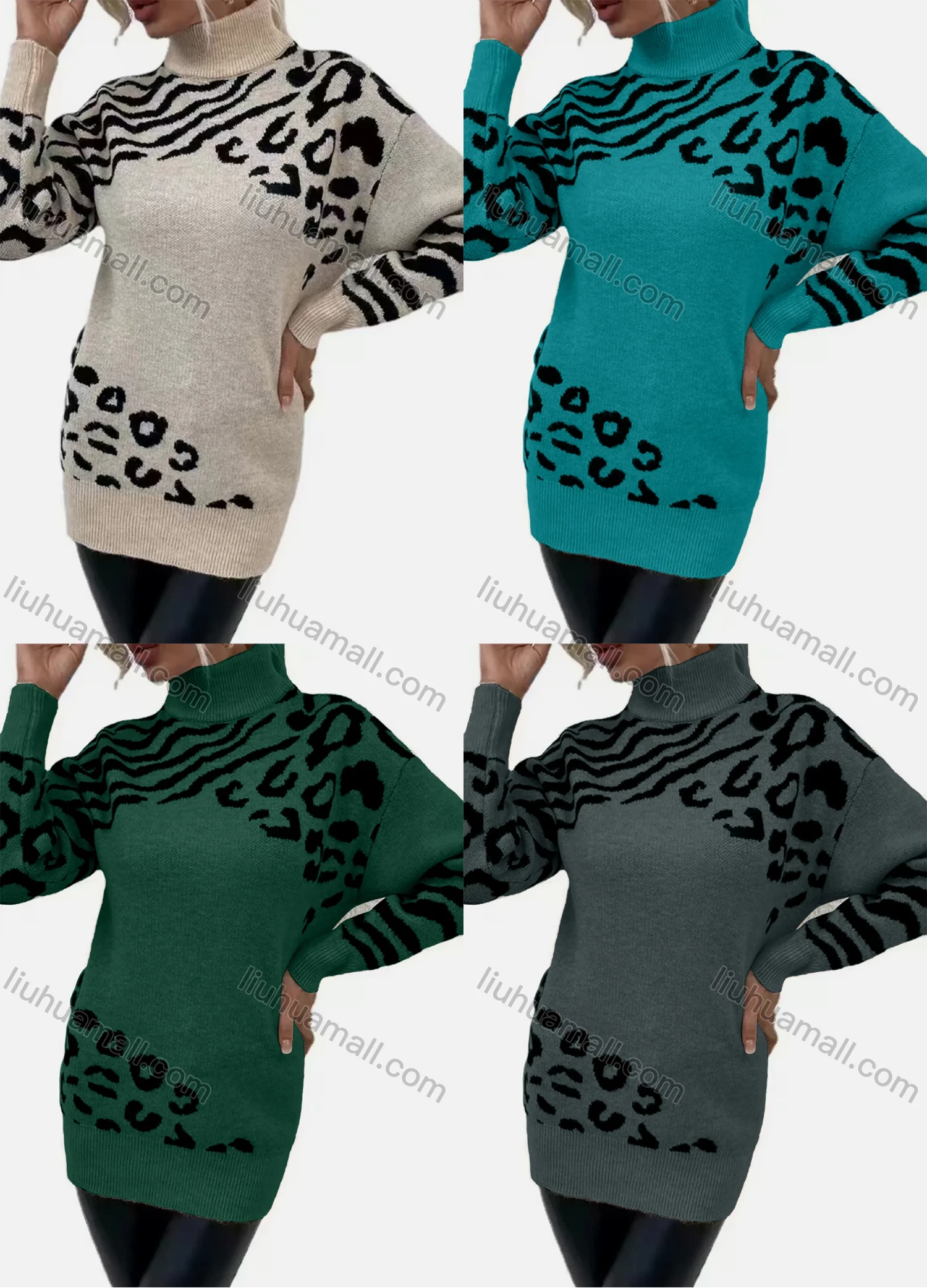 Wholesale Women's High Neck Drop Shoulder Tiger & Leopard Print Mid Length Pullover Sweater - Liuhuamall