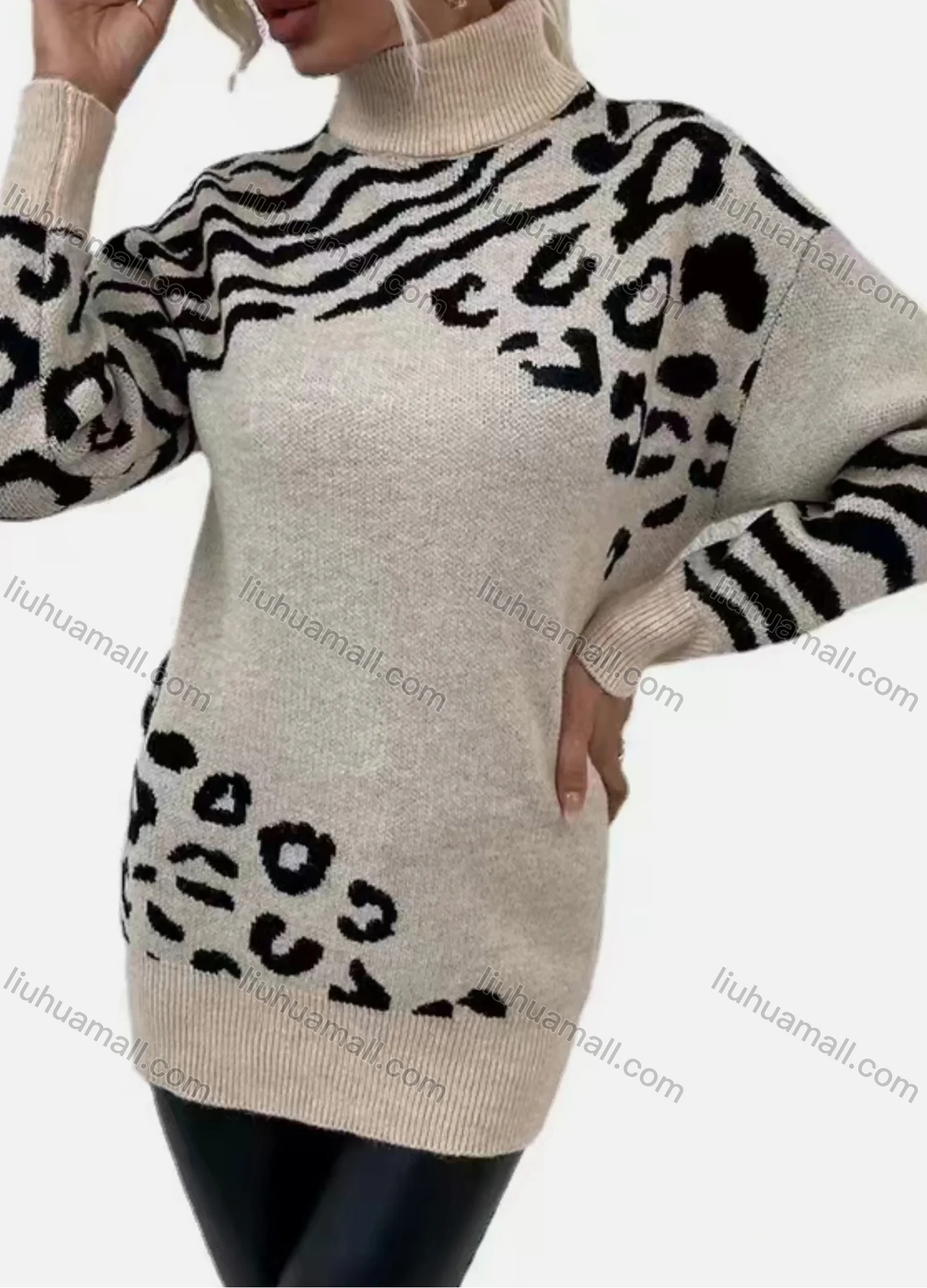 Wholesale Women's High Neck Drop Shoulder Tiger & Leopard Print Mid Length Pullover Sweater - Liuhuamall