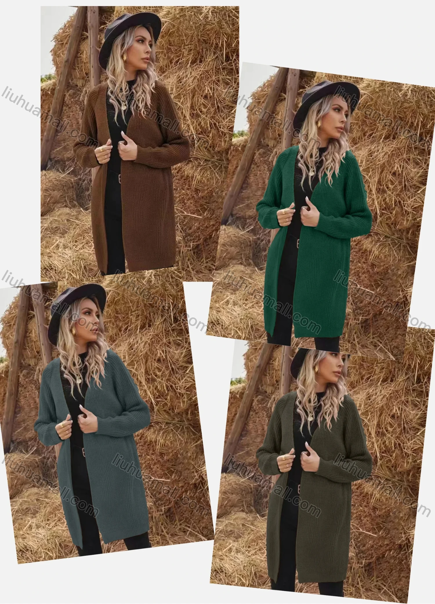 Wholesale Women's Plain Loose Fit Open Front Long Sleeve Mid Length Knited Cardigan - Liuhuamall