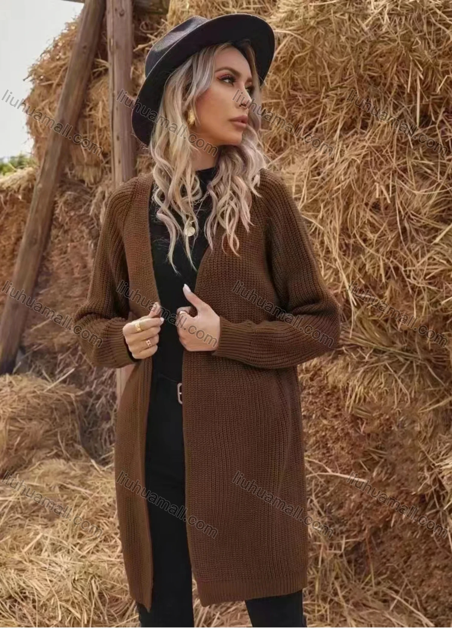 Wholesale Women's Plain Loose Fit Open Front Long Sleeve Mid Length Knited Cardigan - Liuhuamall