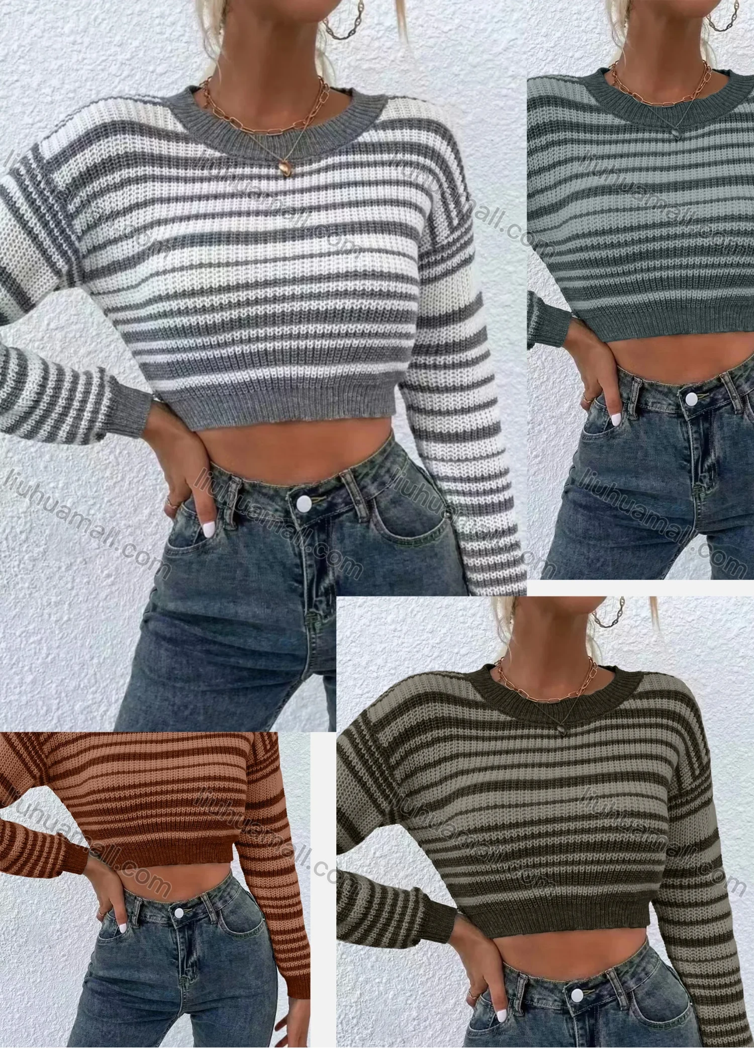 Wholesale Women's Drop Shoulder Striped Print Pullover Crop Sweater - Liuhuamall
