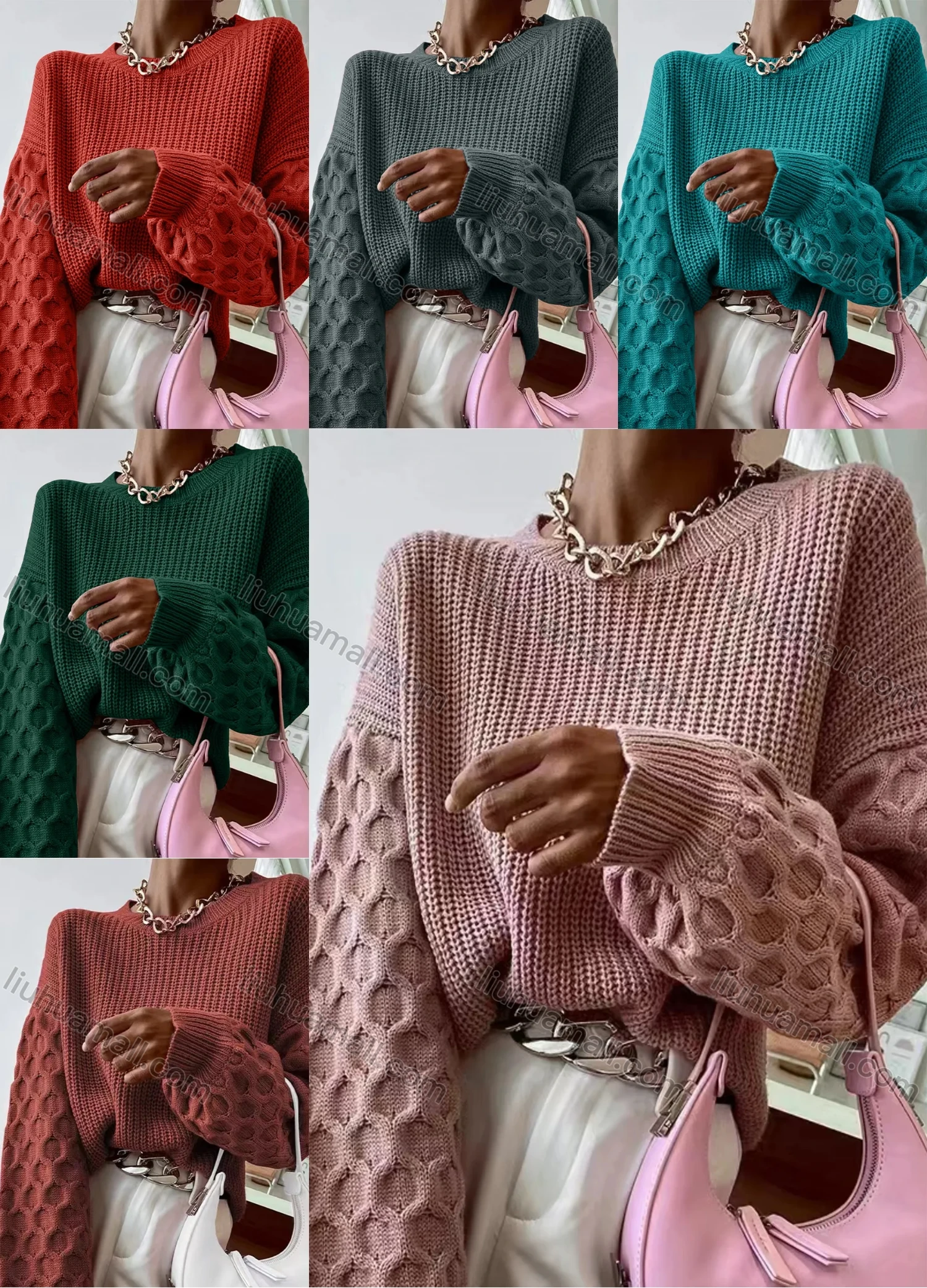 Wholesale Women's Plain Lantern Sleeve Honeycomb Chunky Knit Sweater - Liuhuamall
