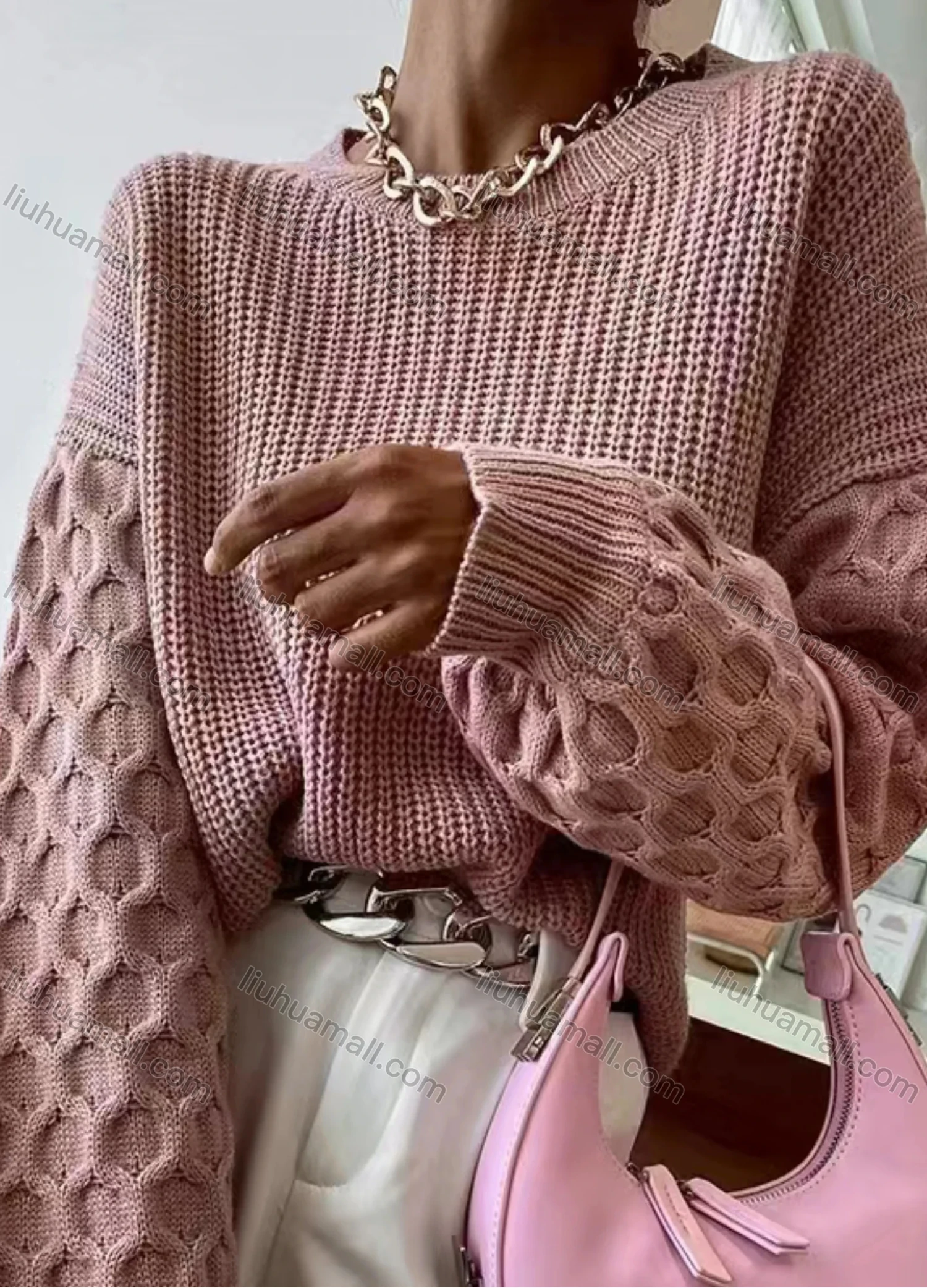 Wholesale Women's Plain Lantern Sleeve Honeycomb Chunky Knit Sweater - Liuhuamall