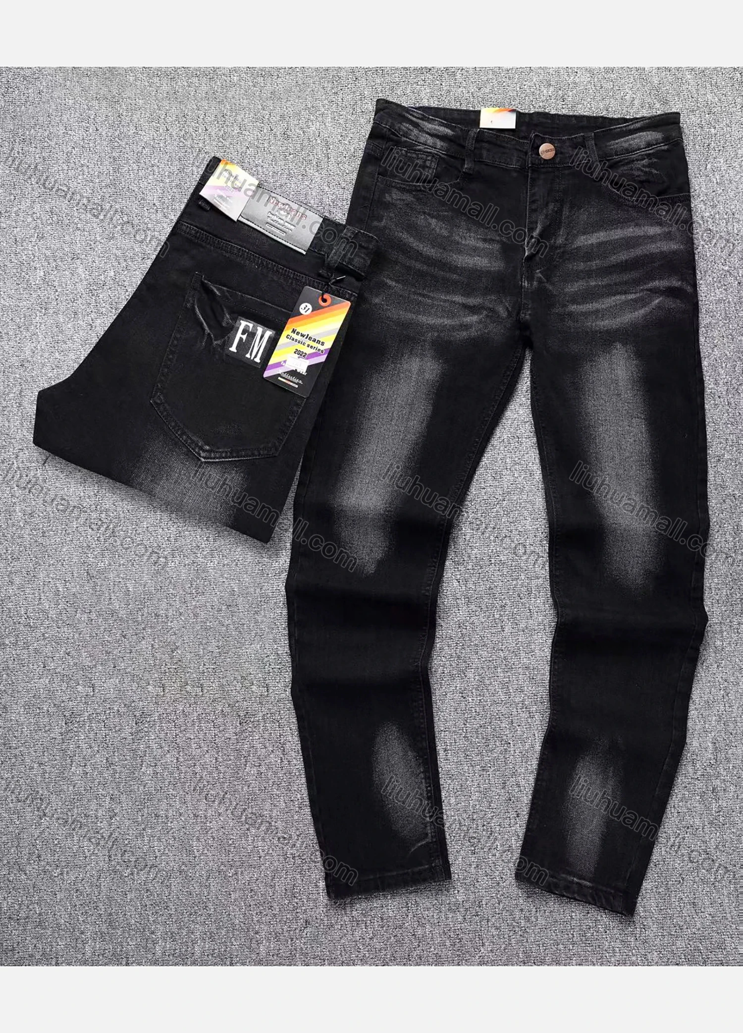 Wholesale Men's Casual Button Zipper Pockets Labelled Jean - Liuhuamall