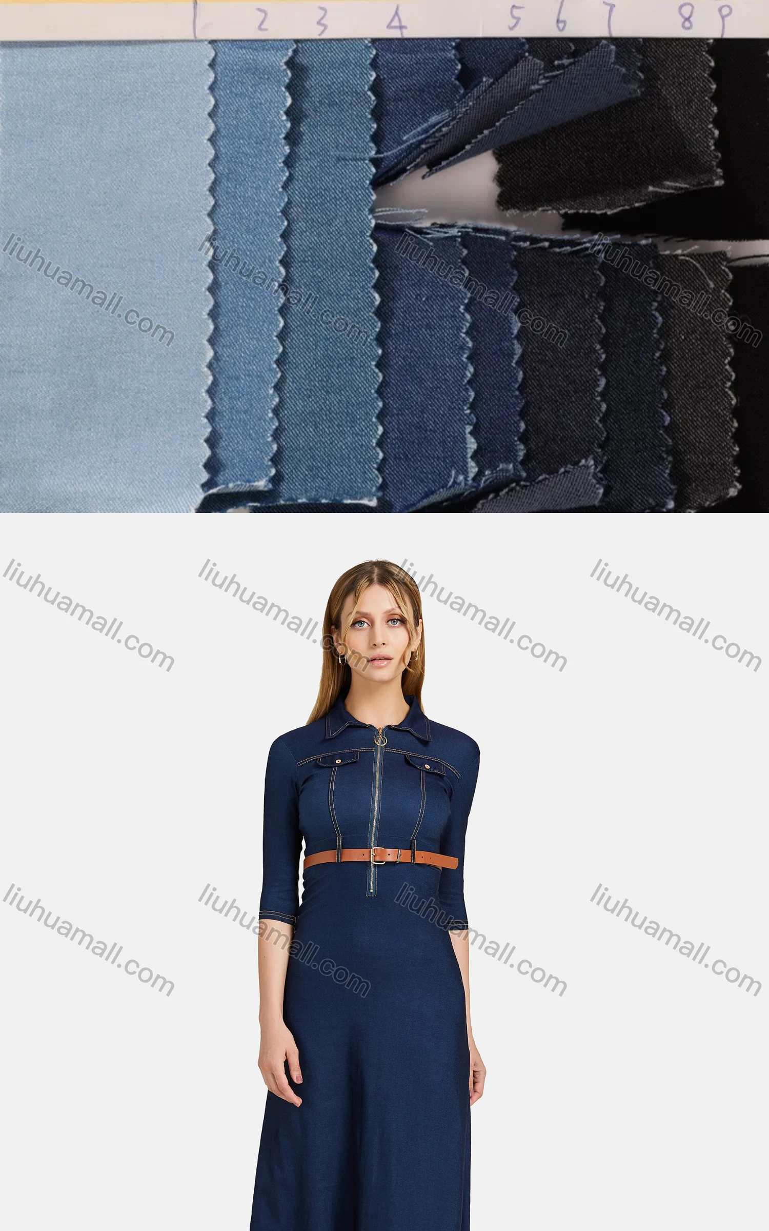 Wholesale Women's Casual Plain Turn Down Collar Half Sleeve Zipper Fake Pockets Midi Denim Dress With Belt - Liuhuamall