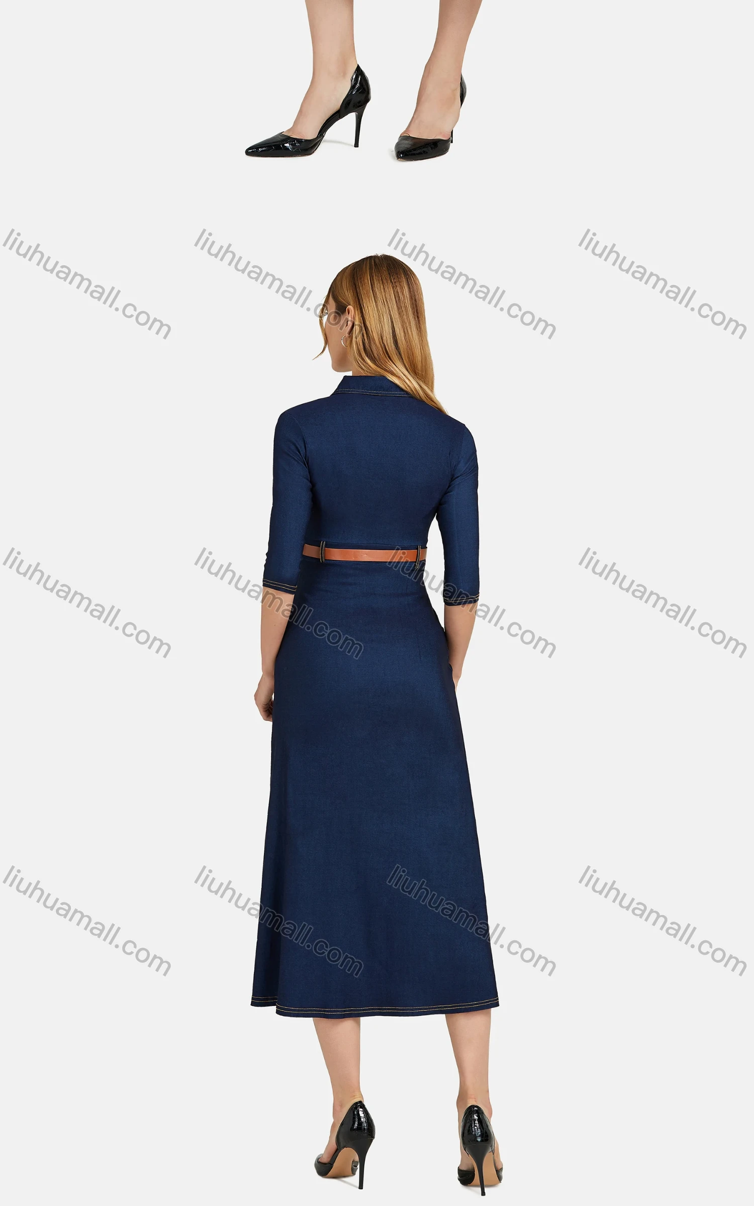 Wholesale Women's Casual Plain Turn Down Collar Half Sleeve Zipper Fake Pockets Midi Denim Dress With Belt - Liuhuamall