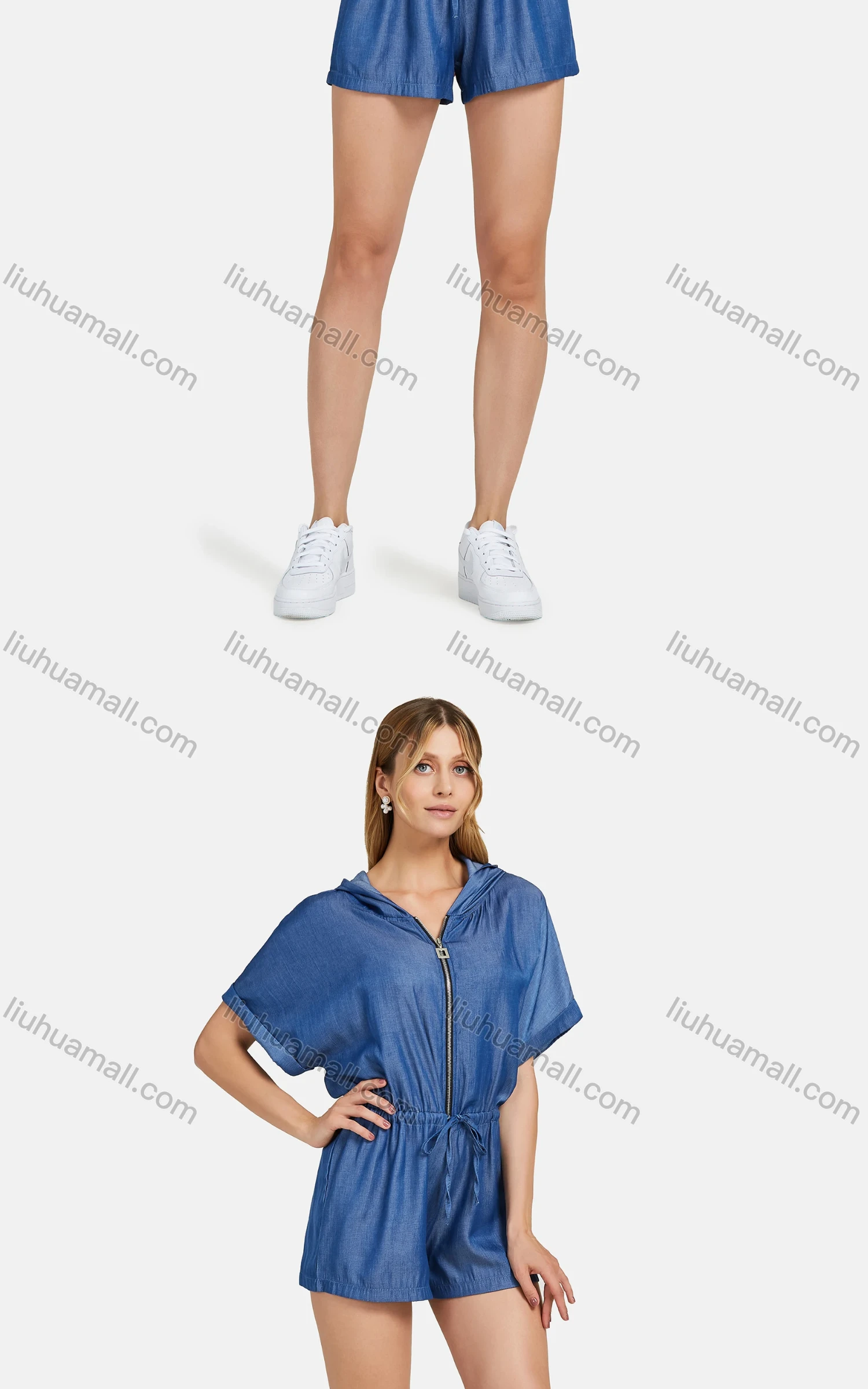 Wholesale Women's Casual Plain Hooded Rolled Sleeve Ruched Zipper Drawstring Denim Romper - Liuhuamall