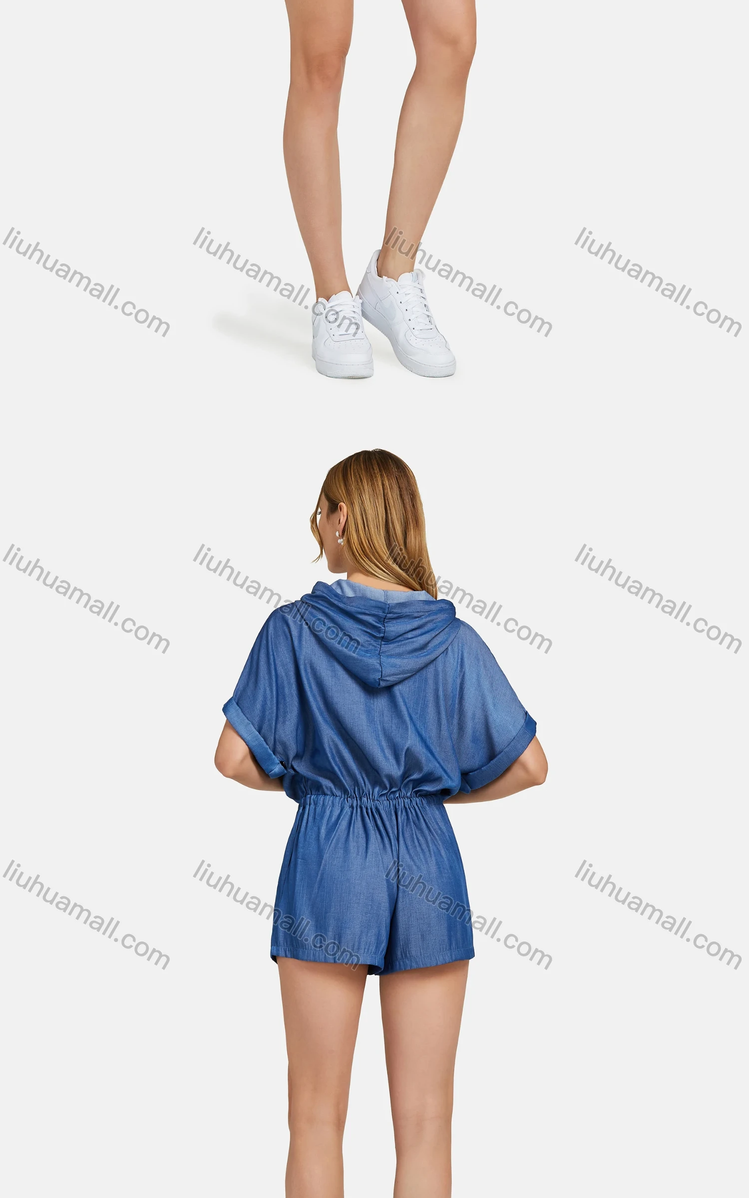 Wholesale Women's Casual Plain Hooded Rolled Sleeve Ruched Zipper Drawstring Denim Romper - Liuhuamall