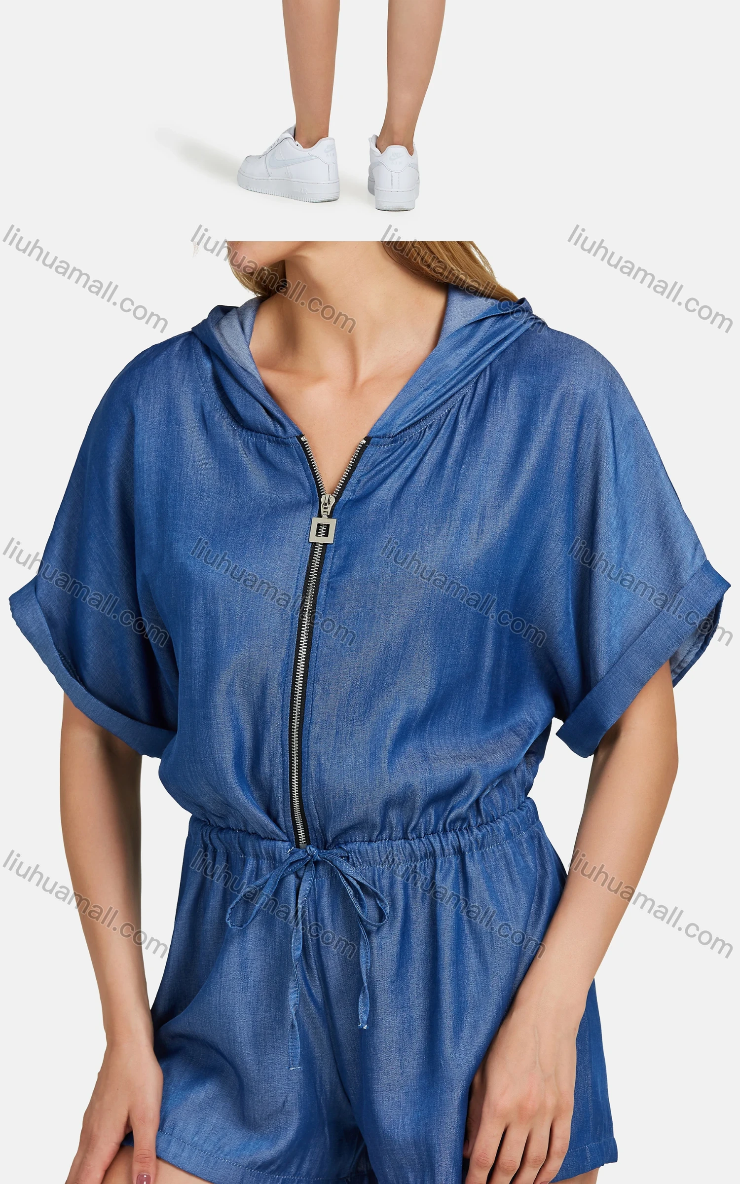 Wholesale Women's Casual Plain Hooded Rolled Sleeve Ruched Zipper Drawstring Denim Romper - Liuhuamall