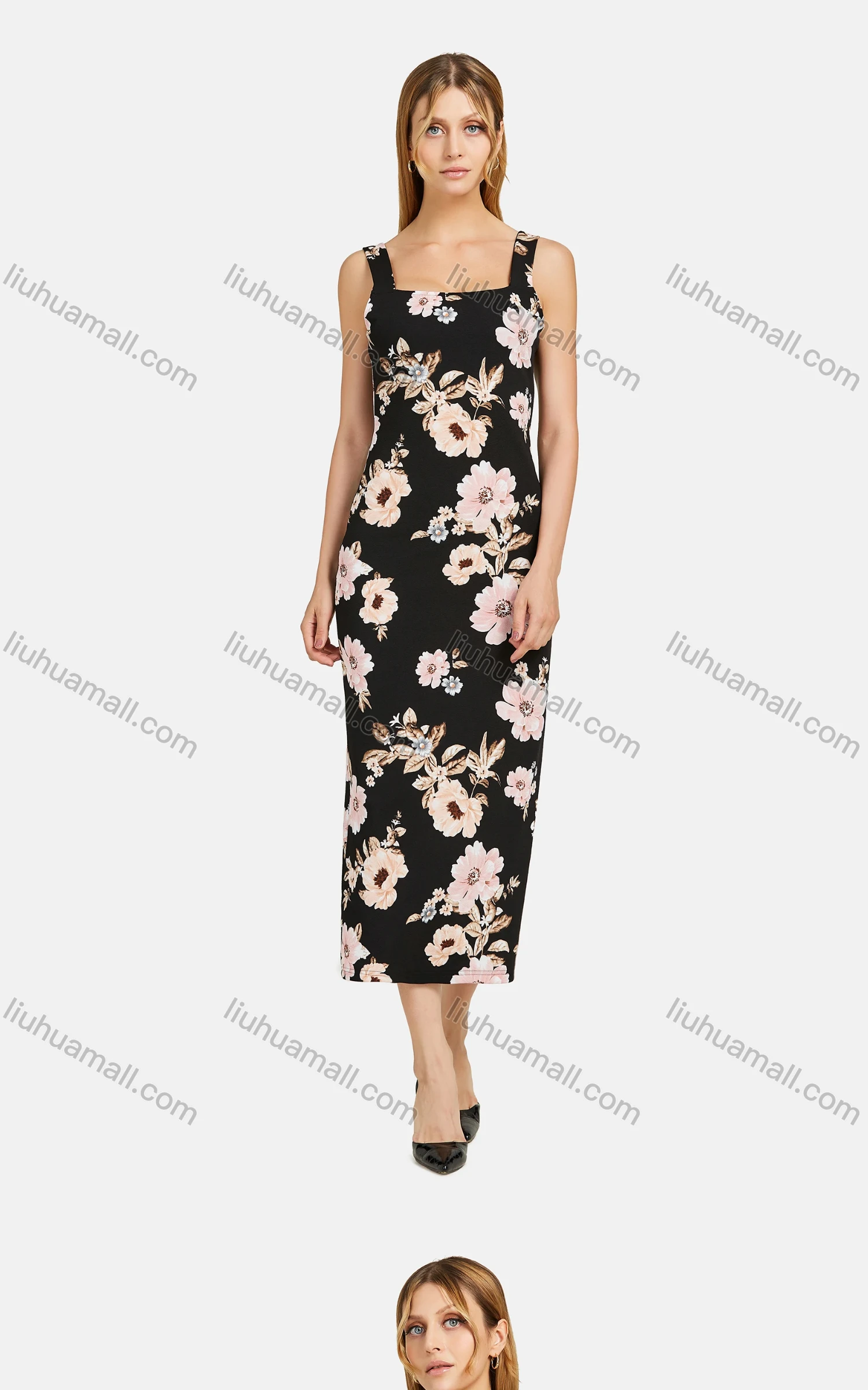 Wholesale Women's Elegant Square Neck Open Back Allover Floral Print Midi Tank Dress 03# - Liuhuamall