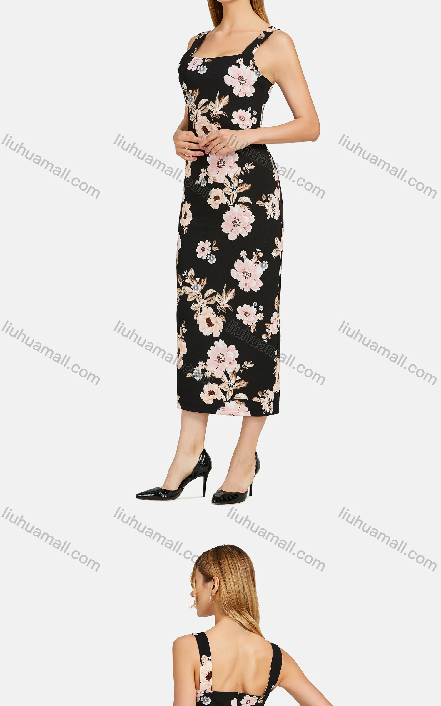 Wholesale Women's Elegant Square Neck Open Back Allover Floral Print Midi Tank Dress 03# - Liuhuamall