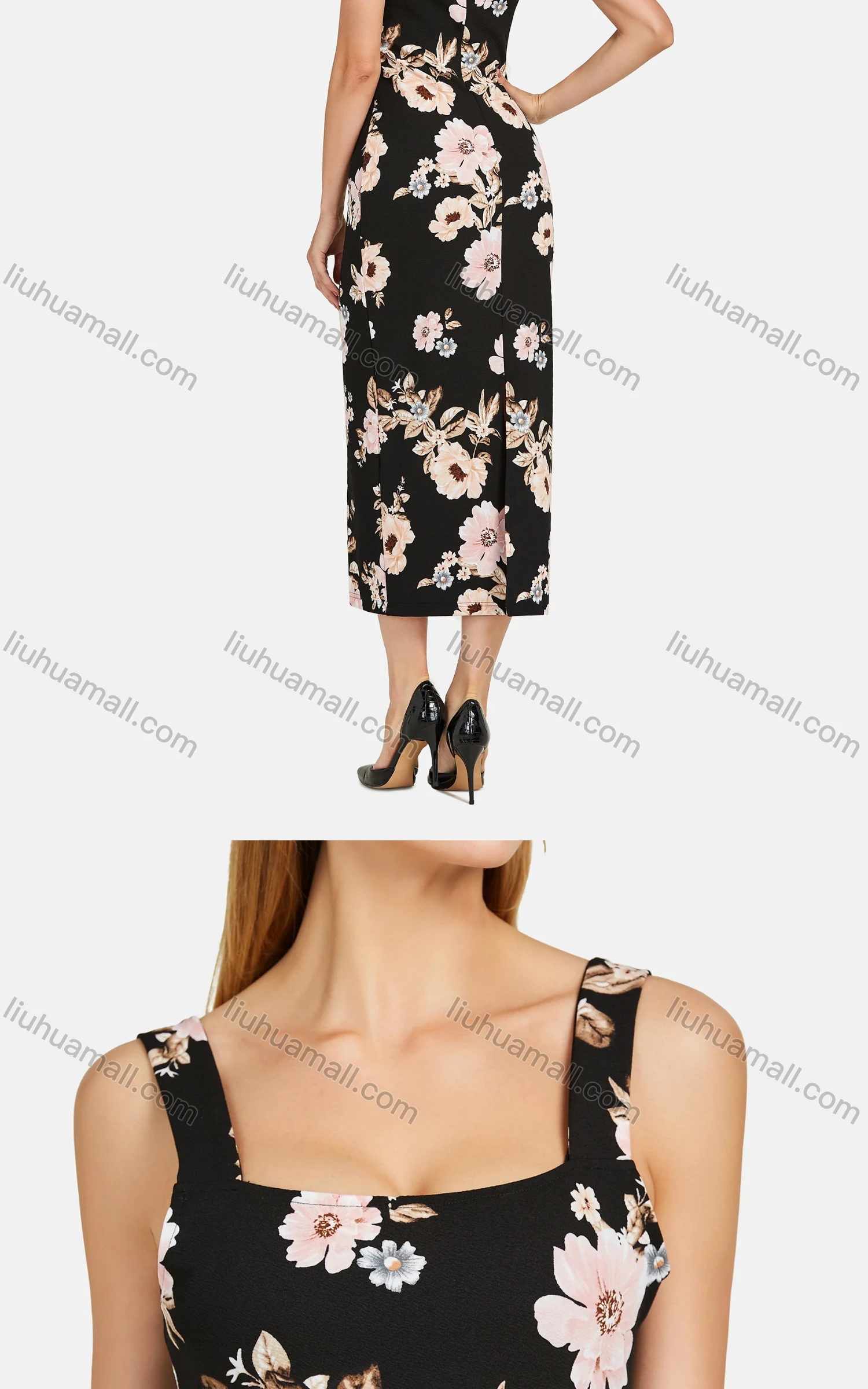 Wholesale Women's Elegant Square Neck Open Back Allover Floral Print Midi Tank Dress 03# - Liuhuamall