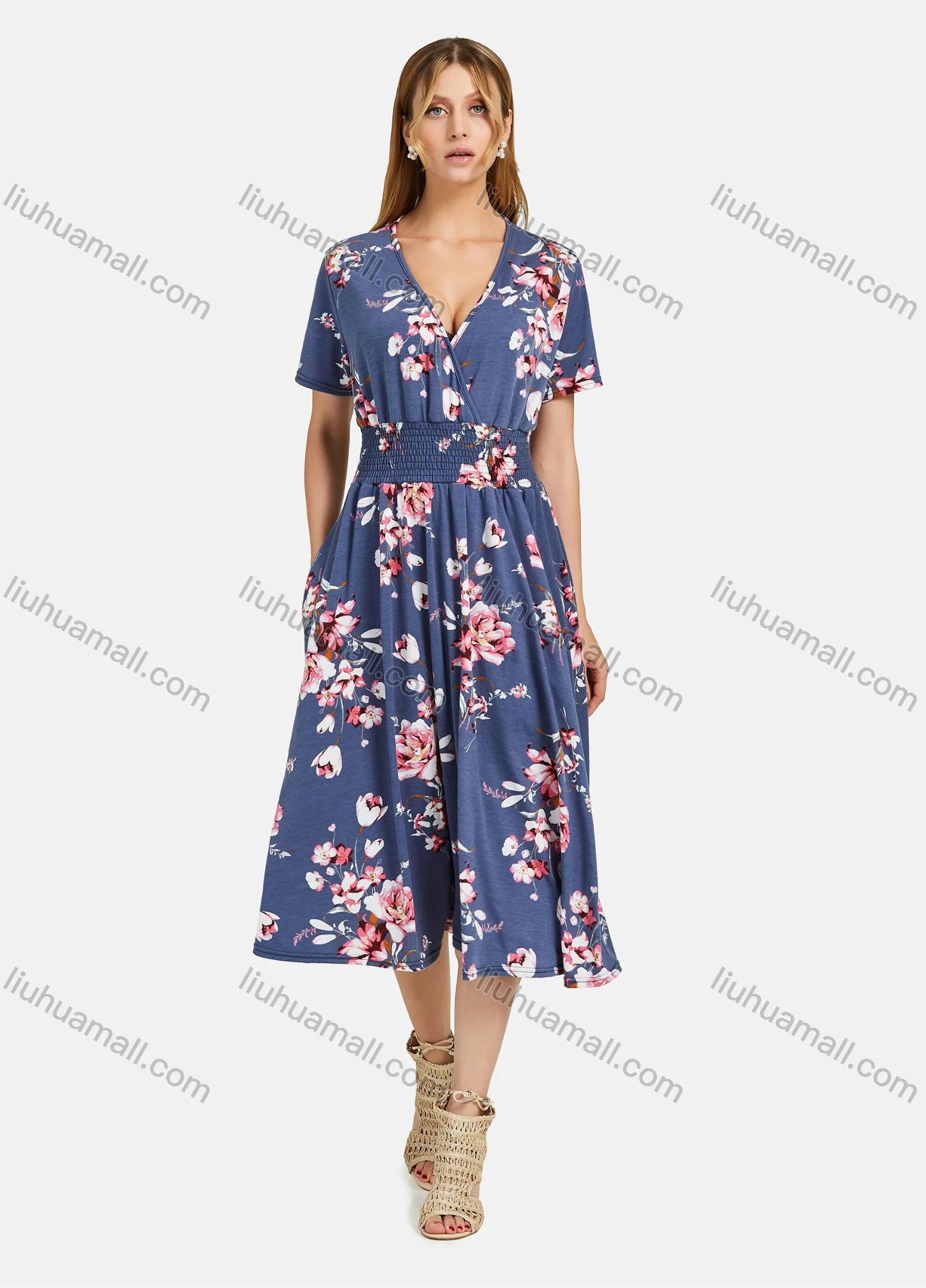 Wholesale Women's Casual V Neck Wrap Ruched Short Sleeve Floral Shirred Pockets Midi Dress 04# - Liuhuamall