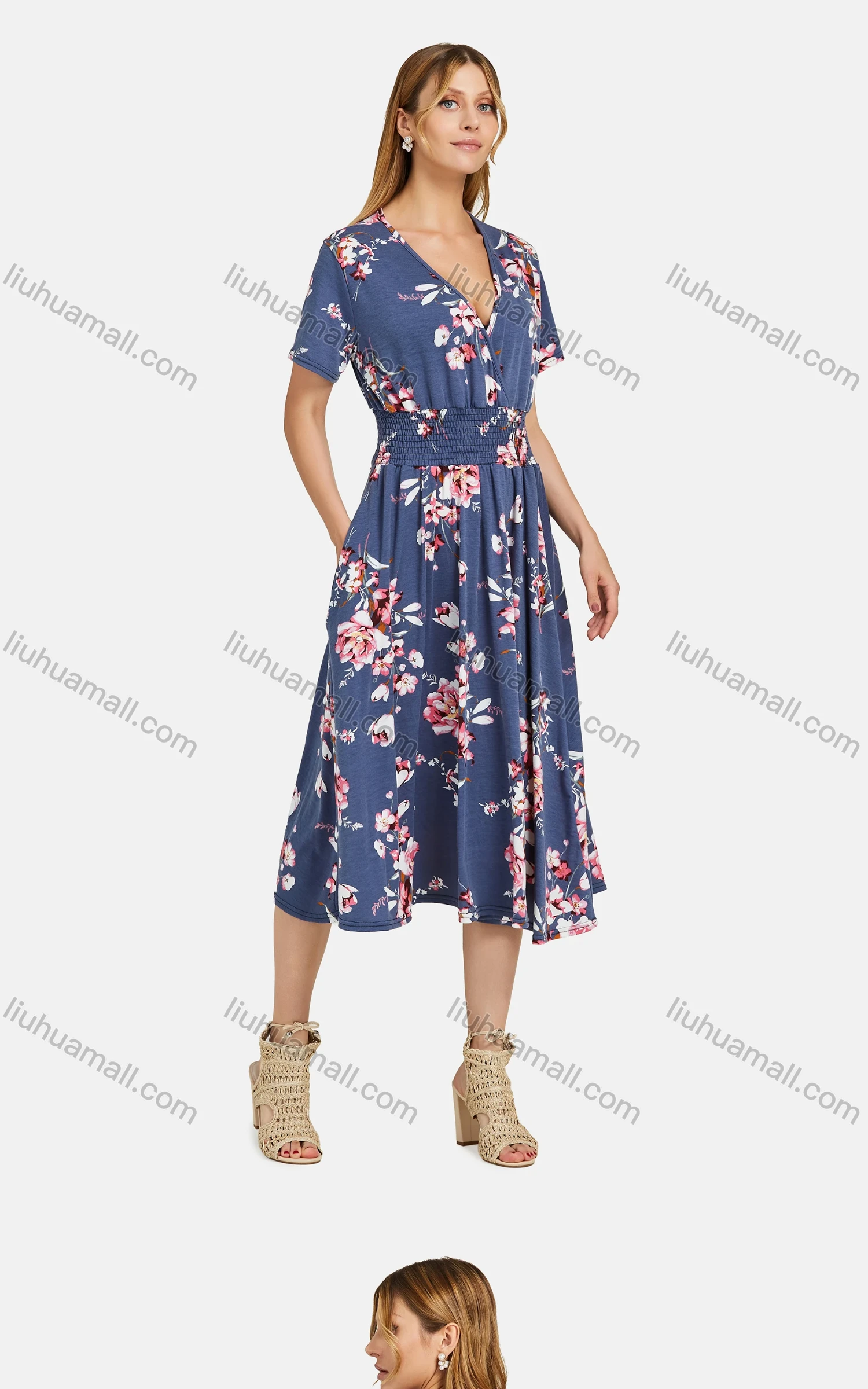 Wholesale Women's Casual V Neck Wrap Ruched Short Sleeve Floral Shirred Pockets Midi Dress 04# - Liuhuamall