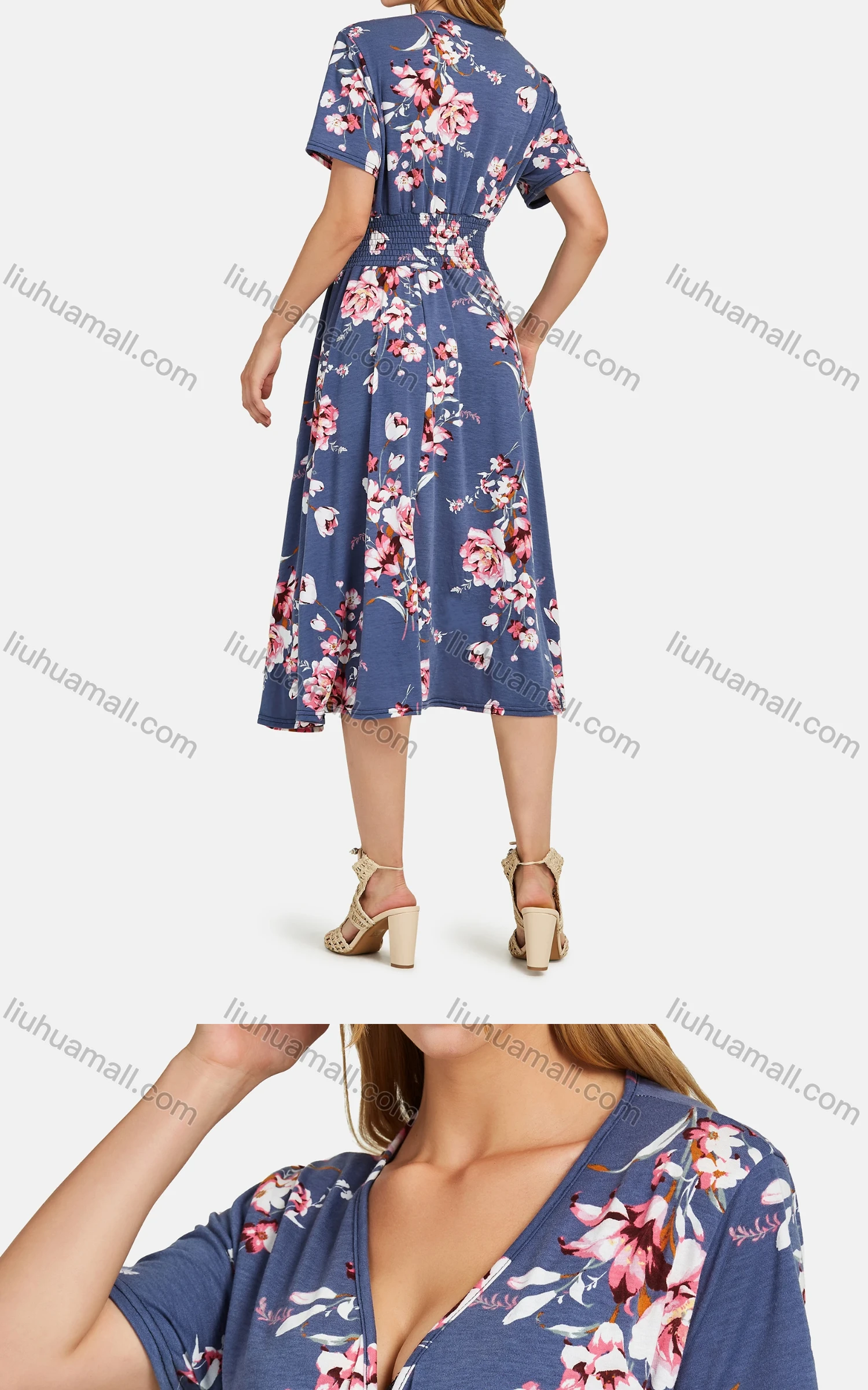 Wholesale Women's Casual V Neck Wrap Ruched Short Sleeve Floral Shirred Pockets Midi Dress 04# - Liuhuamall