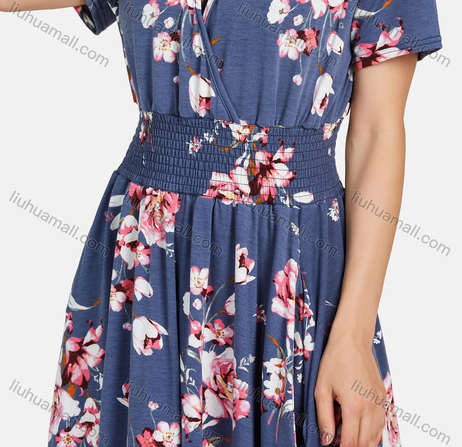 Wholesale Women's Casual V Neck Wrap Ruched Short Sleeve Floral Shirred Pockets Midi Dress 04# - Liuhuamall
