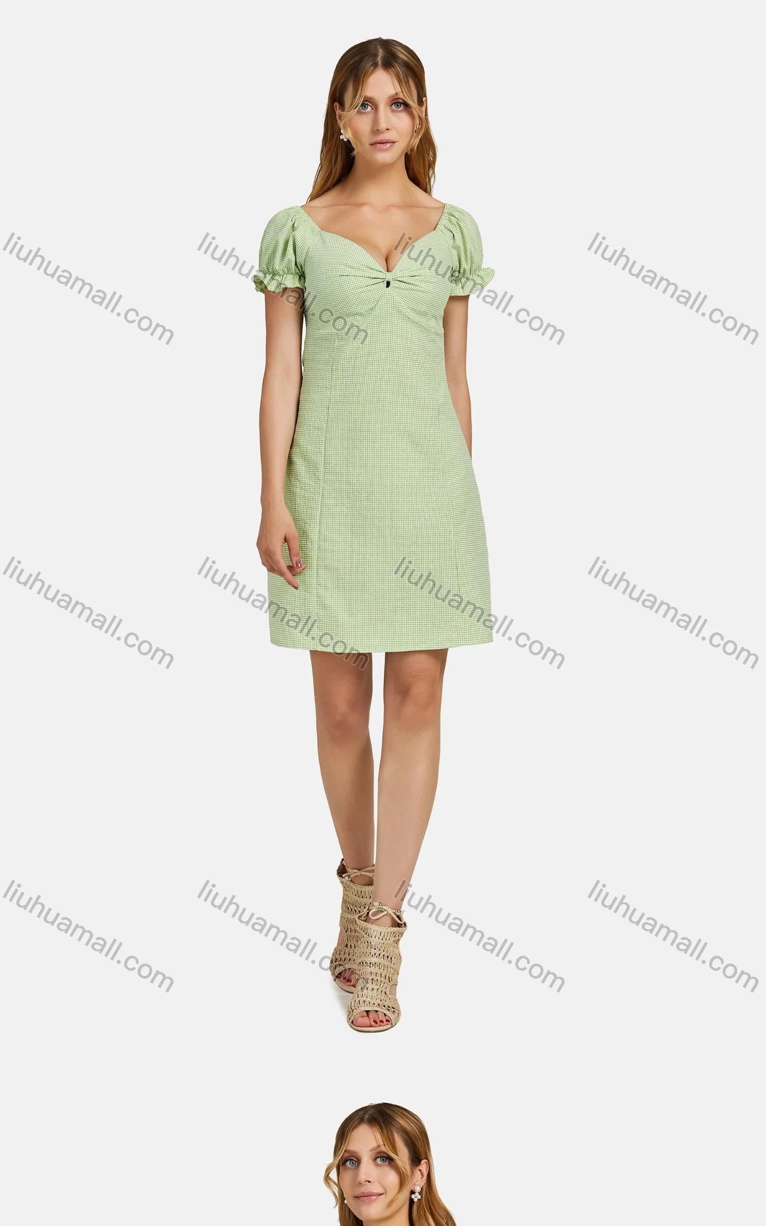 Wholesale Women's Casual V Neck Short Sleeve Ruffle Trim Ruched Plaid Short Dress 05# - Liuhuamall